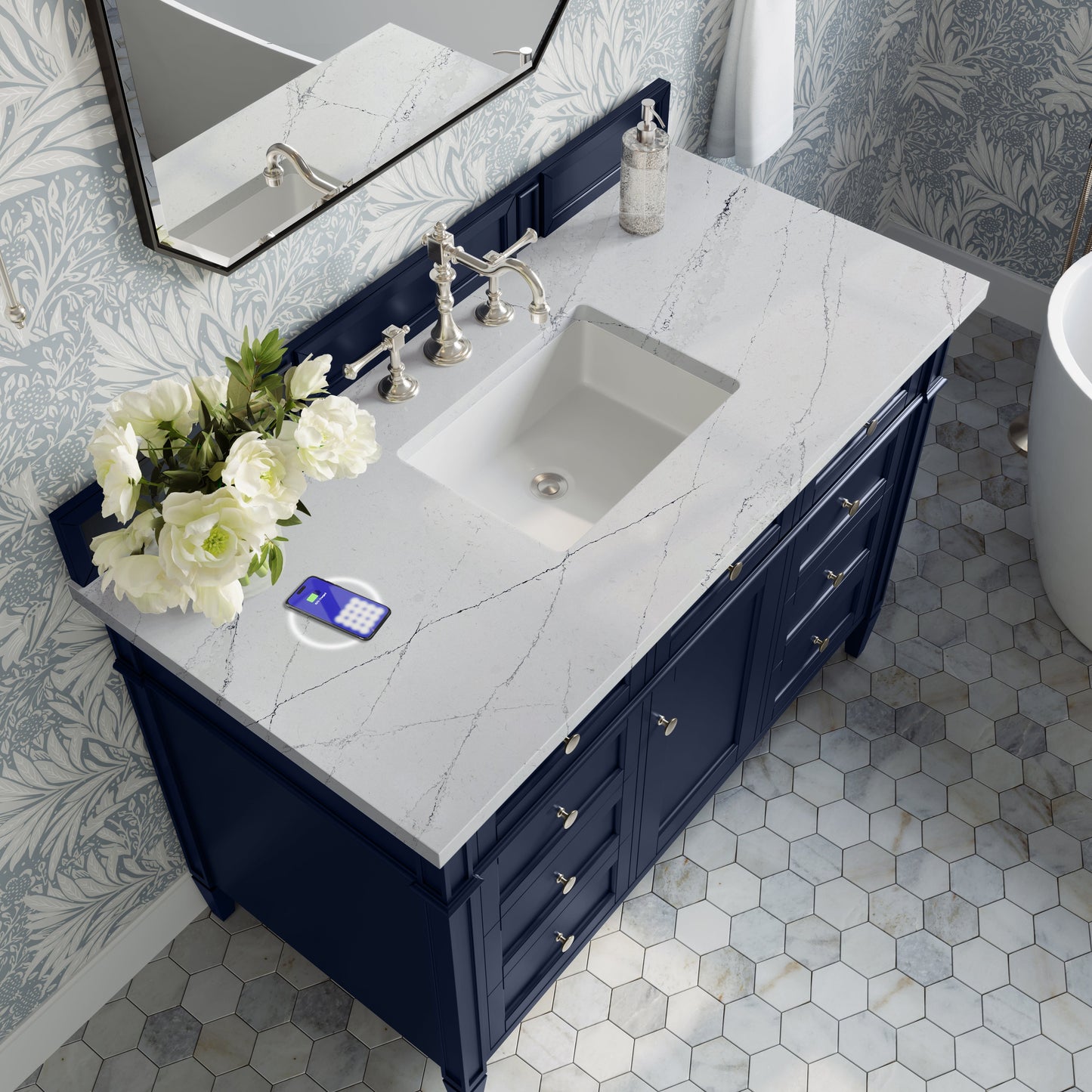 
                  
                    Brittany 48" Single Vanity in Victory Blue Single Bathroom Vanity James Martin Vanities FreePower-Enabled Ethereal Noctis Pearl Silestone 
                  
                