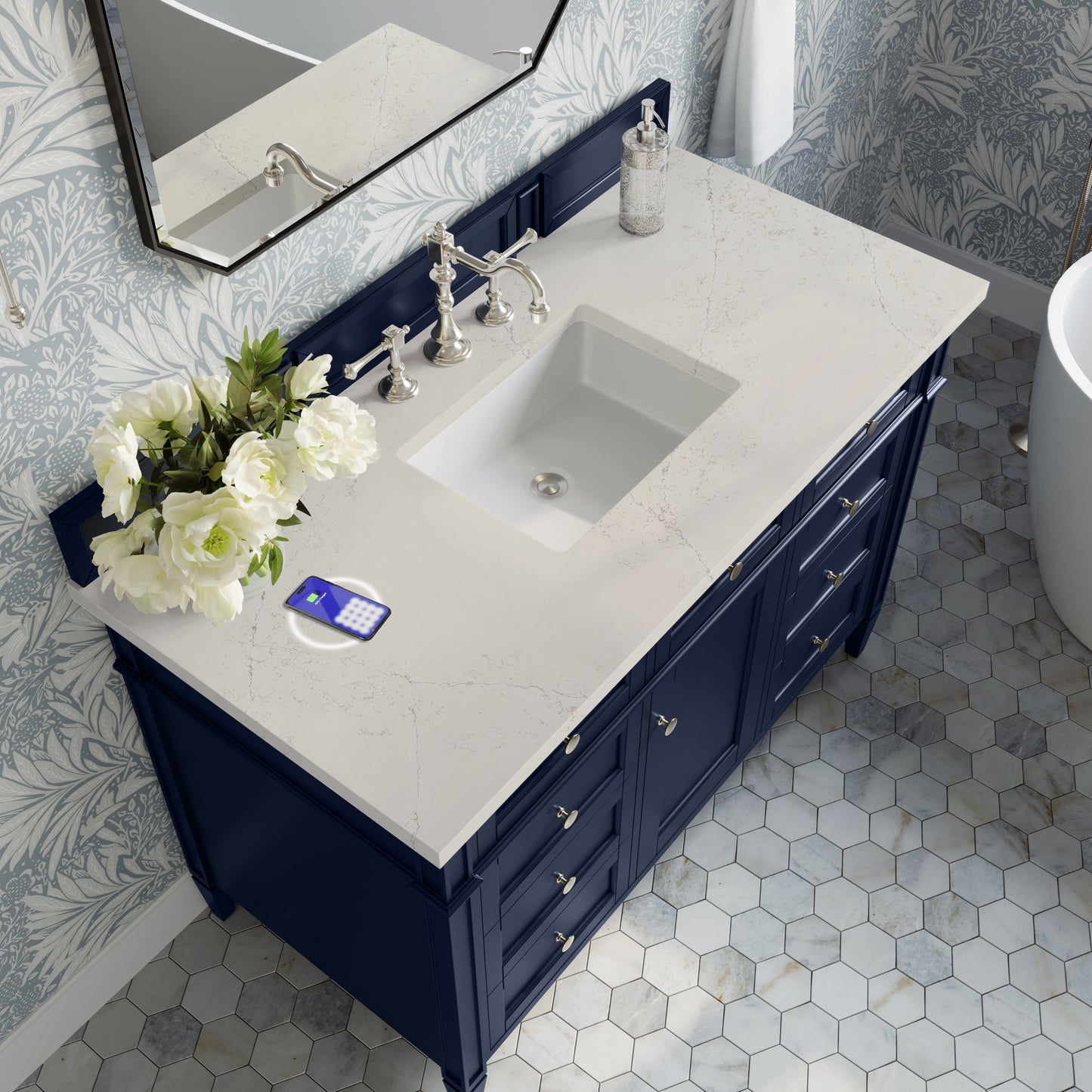
                  
                    Brittany 48" Single Vanity in Victory Blue Single Bathroom Vanity James Martin Vanities FreePower-Enabled Siberian Silestone 
                  
                