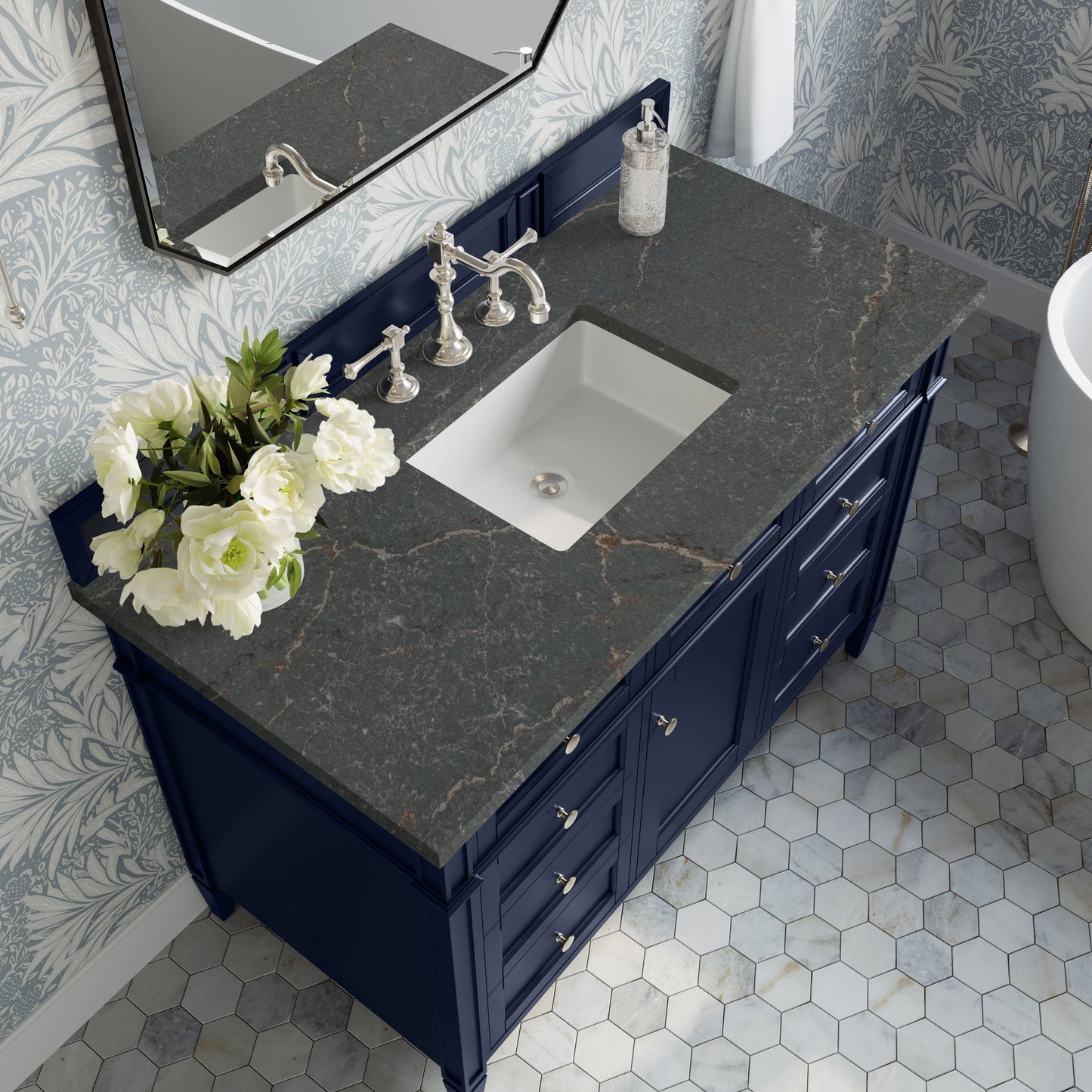 
                  
                    Brittany 48" Single Vanity in Victory Blue Single Bathroom Vanity James Martin Vanities Lime Delight Silestone 
                  
                