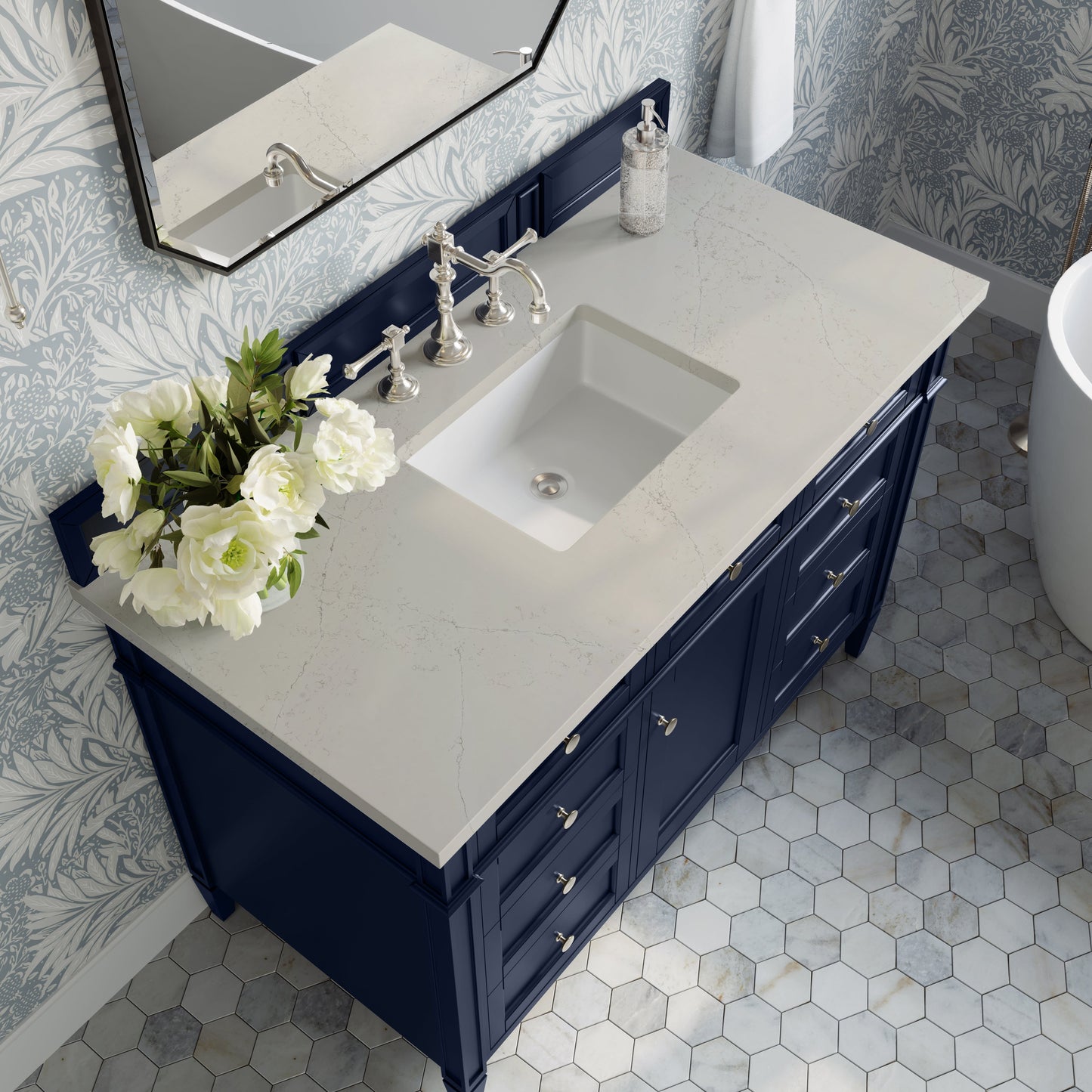 
                  
                    Brittany 48" Single Vanity in Victory Blue Single Bathroom Vanity James Martin Vanities Siberian Silestone 
                  
                