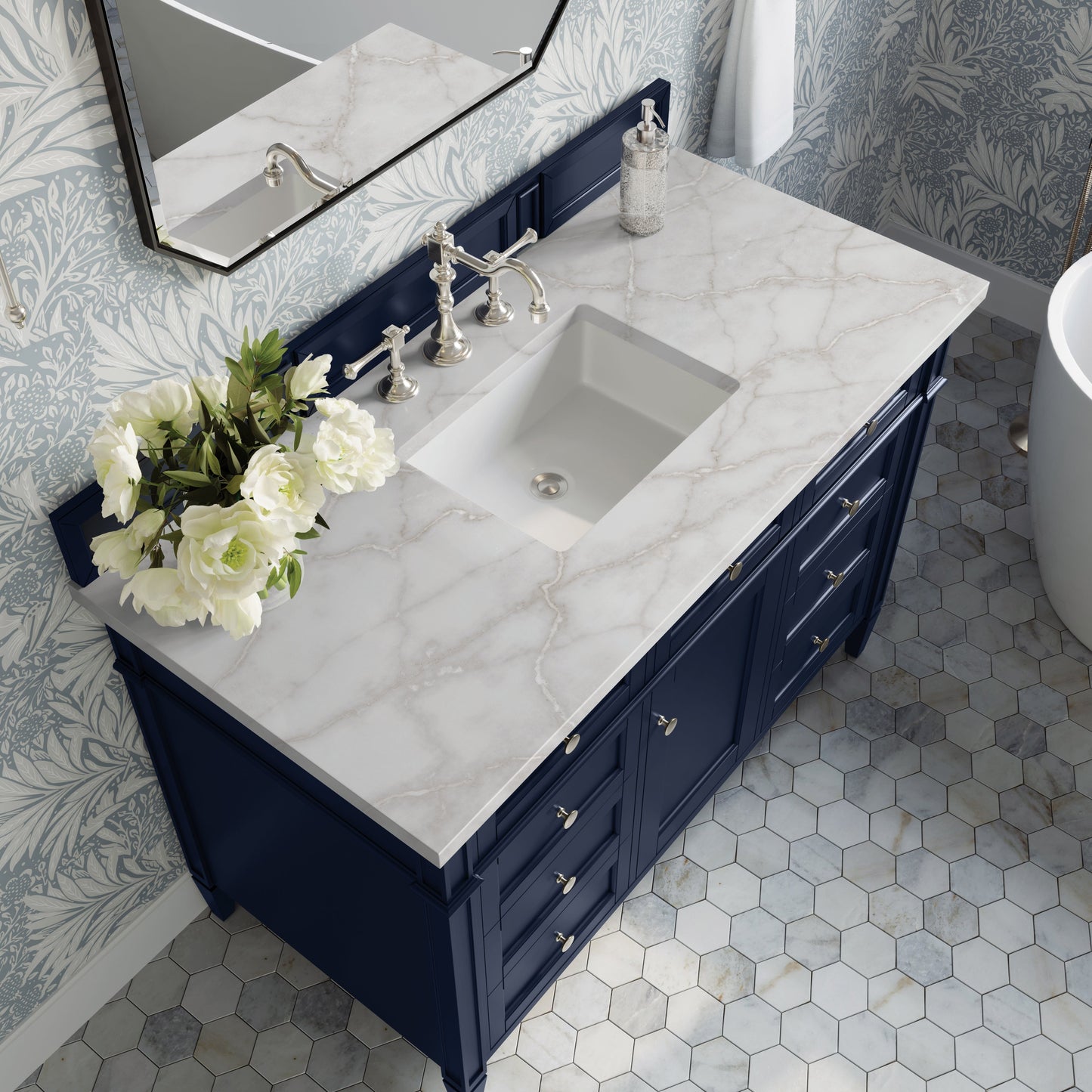 
                  
                    Brittany 48" Single Vanity in Victory Blue Single Bathroom Vanity James Martin Vanities Victorian Silver Silestone 
                  
                