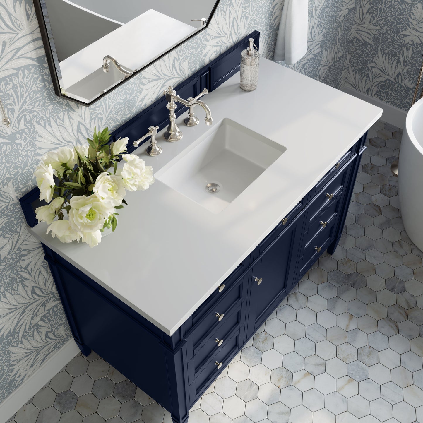 
                  
                    Brittany 48" Single Vanity in Victory Blue Single Bathroom Vanity James Martin Vanities White Zeus Silestone 
                  
                