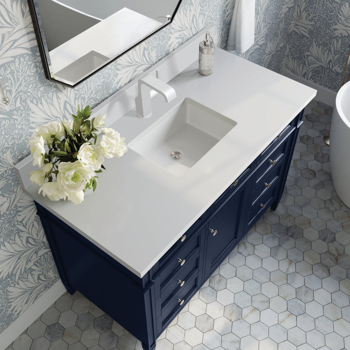 
                  
                    Brittany 48" Single Vanity in Victory Blue Single Bathroom Vanity James Martin Vanities White Zeus Single Faucet Silestone Top w/Backsplash 
                  
                