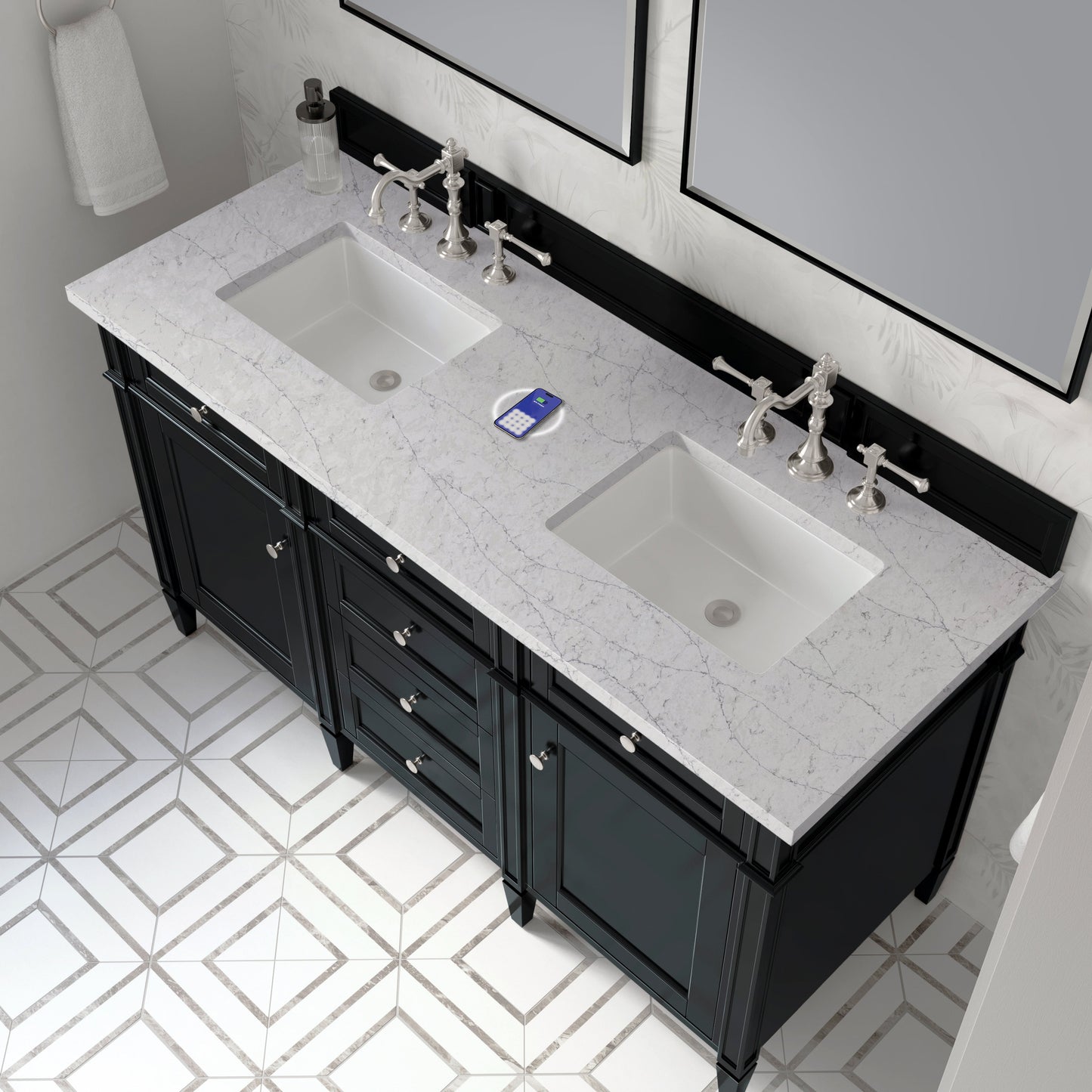 
                  
                    Brittany 60" Double Vanity in Black Onyx Double bathroom Vanity James Martin Vanities Eternal Jasmine Pearl Silestone with FreePower 
                  
                