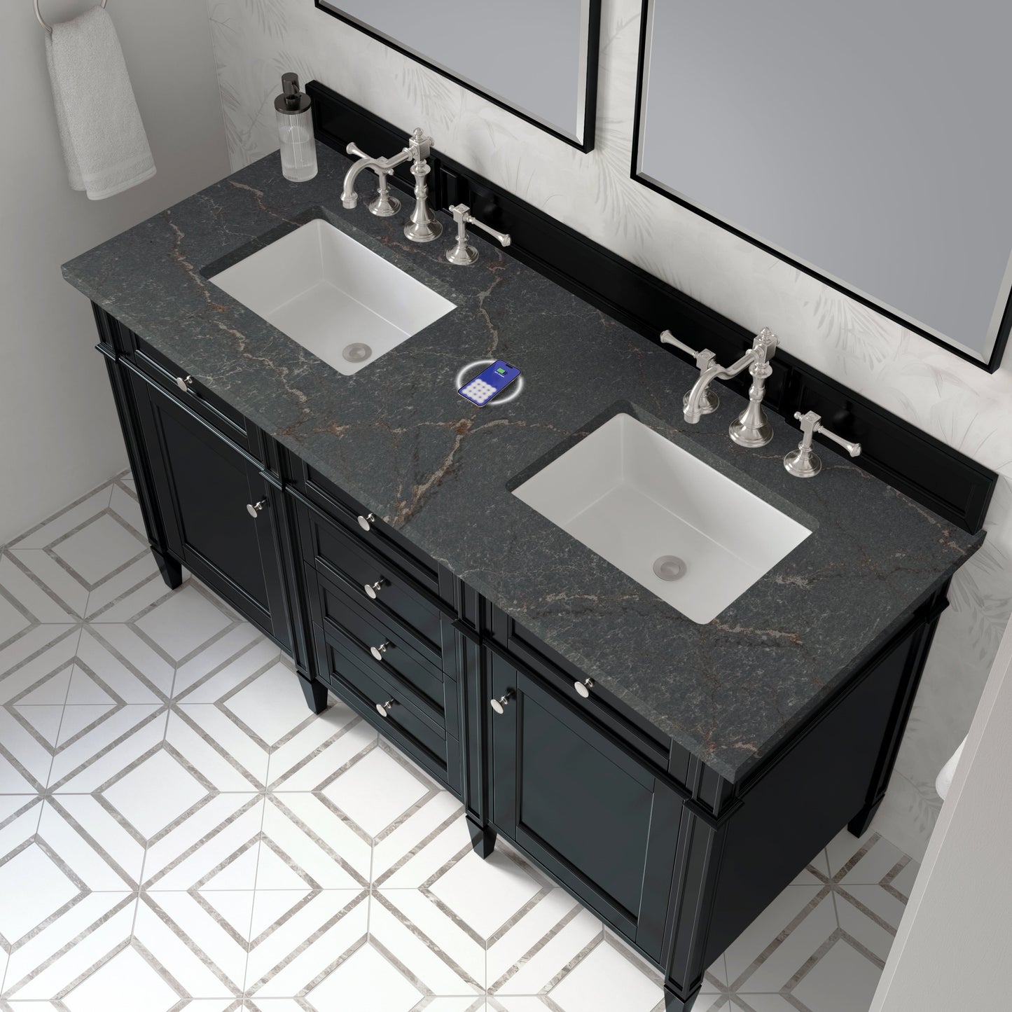 
                  
                    Brittany 60" Double Vanity in Black Onyx Double bathroom Vanity James Martin Vanities Parisien Bleu Silestone with FreePower 
                  
                