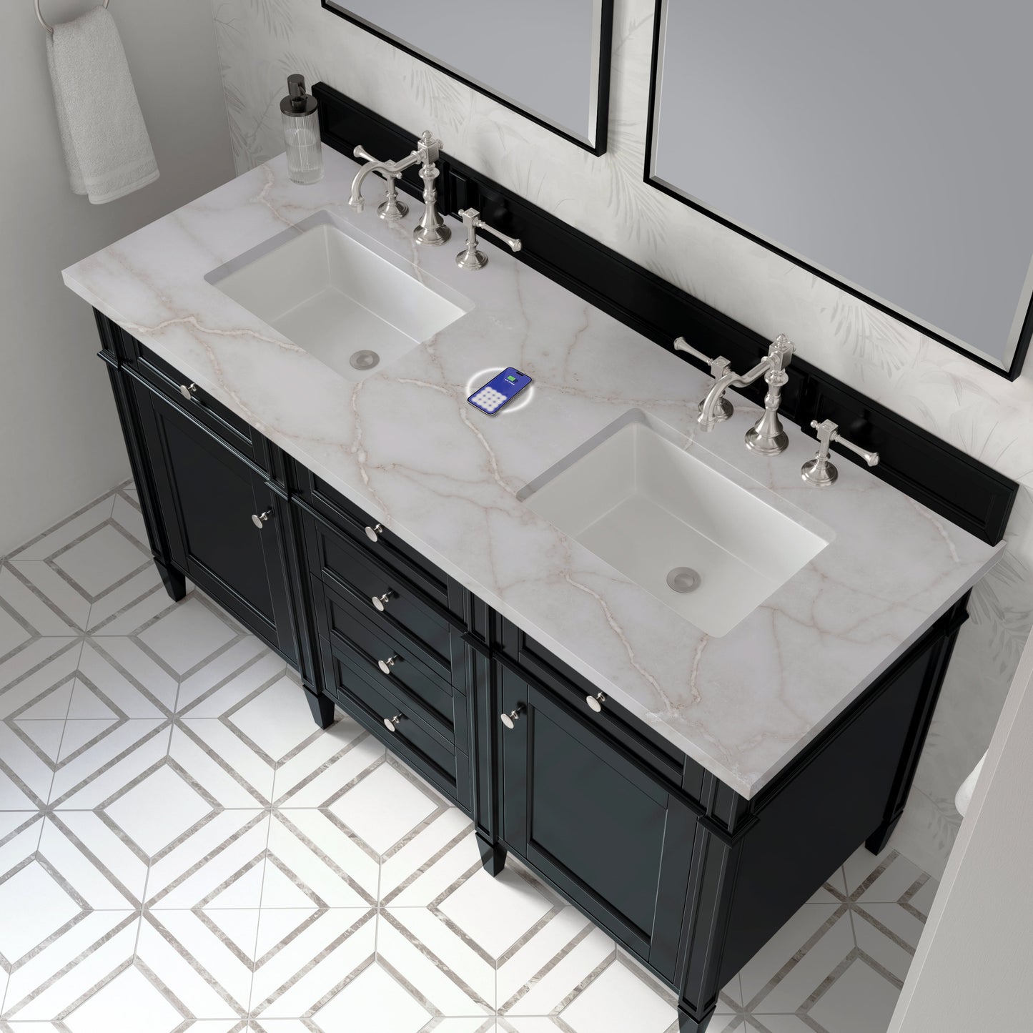 
                  
                    Brittany 60" Double Vanity in Black Onyx Double bathroom Vanity James Martin Vanities Victorian Silver Silestone with FreePower 
                  
                