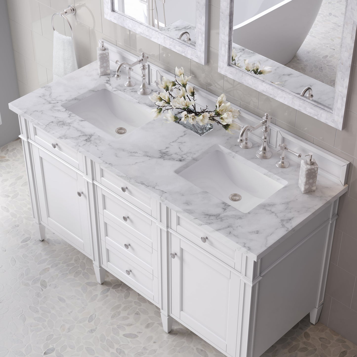 
                  
                    Brittany 60" Double Vanity in Bright White Double bathroom Vanity James Martin Vanities Carrara White Marble 
                  
                