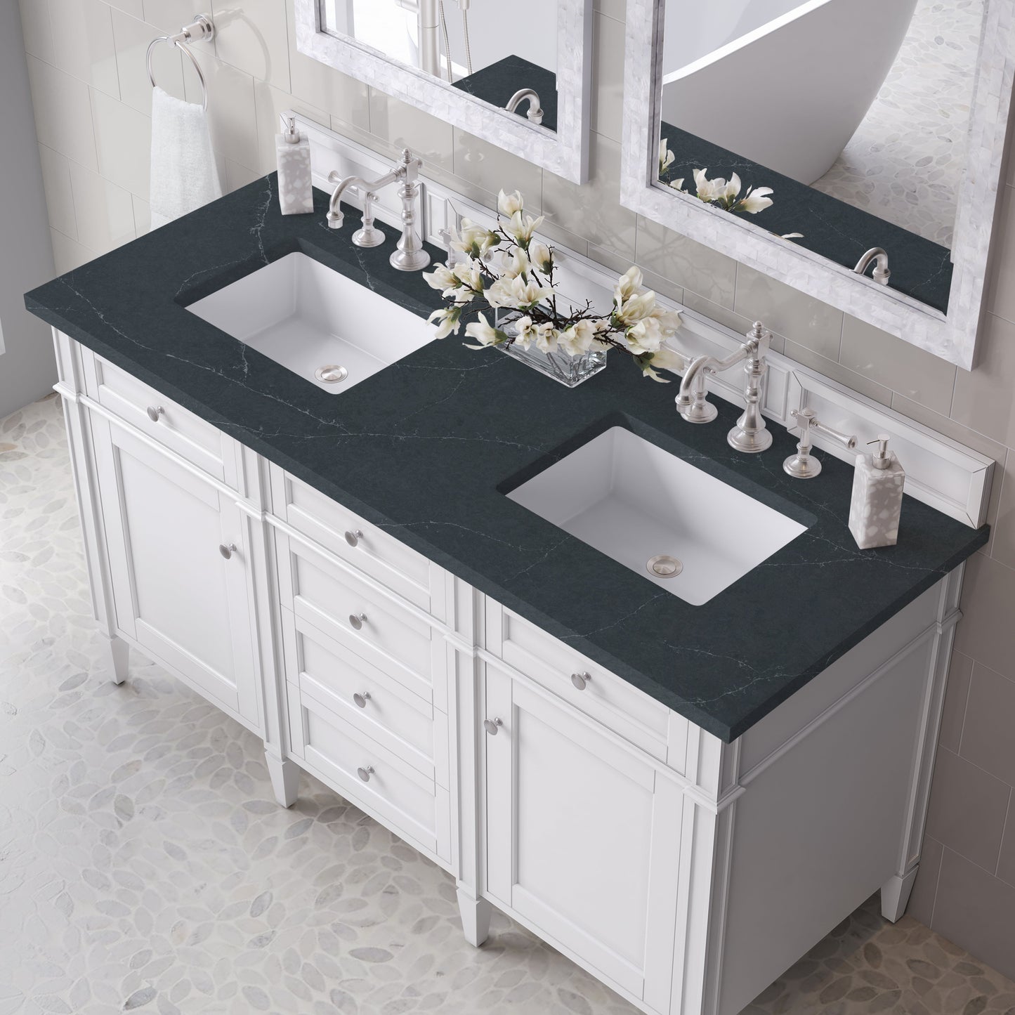 
                  
                    Brittany 60" Double Vanity in Bright White Double bathroom Vanity James Martin Vanities Charcoal Soapstone Silestone 
                  
                