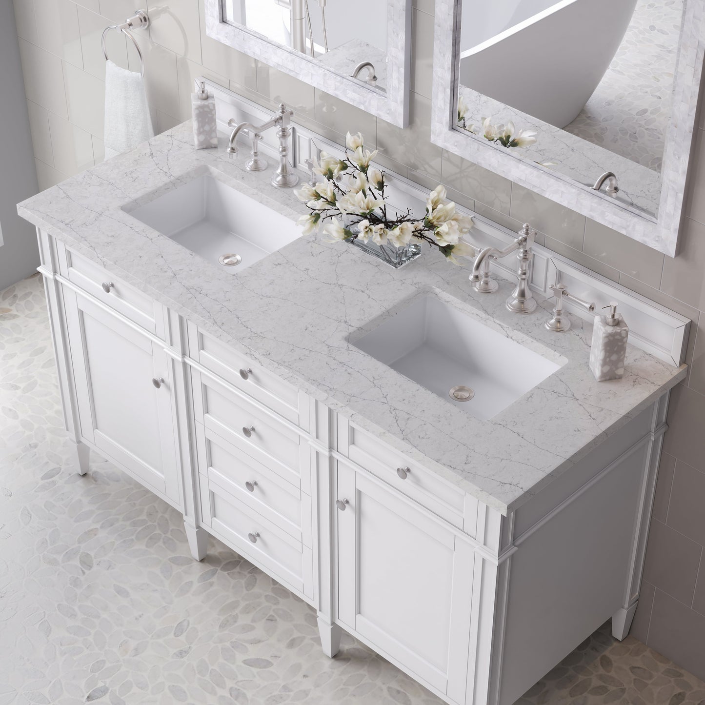 
                  
                    Brittany 60" Double Vanity in Bright White Double bathroom Vanity James Martin Vanities Eternal Jasmine Pearl Silestone 
                  
                