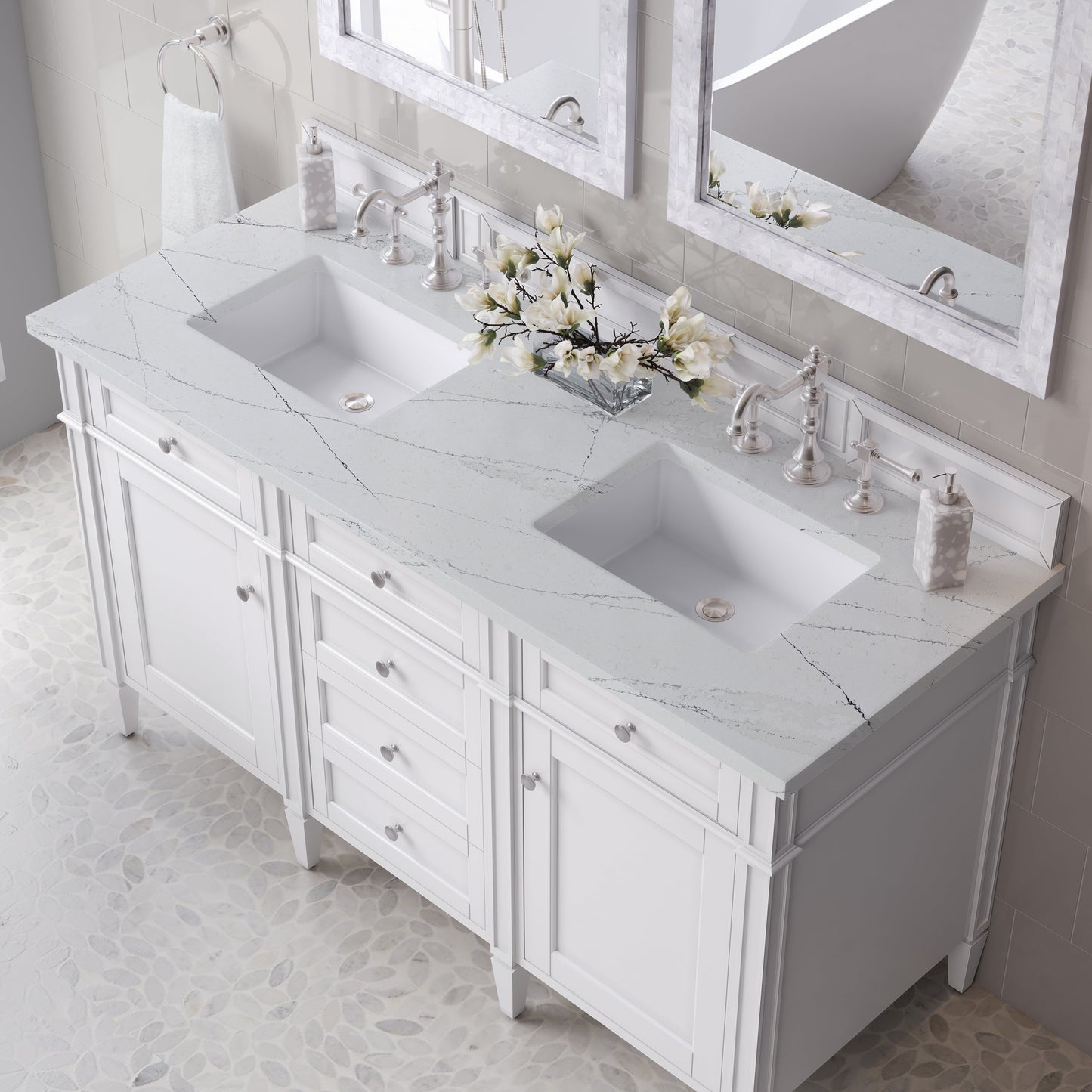 
                  
                    Brittany 60" Double Vanity in Bright White Double bathroom Vanity James Martin Vanities Ethereal Noctis Silestone 
                  
                