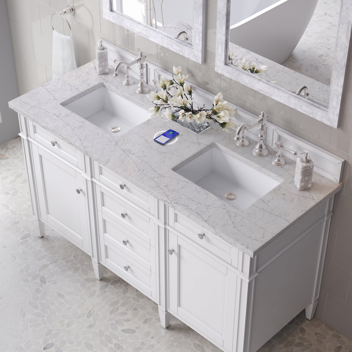 
                  
                    Brittany 60" Double Vanity in Bright White Double bathroom Vanity James Martin Vanities FreePower-Enabled Eternal Jasmine Pearl Silestone 
                  
                