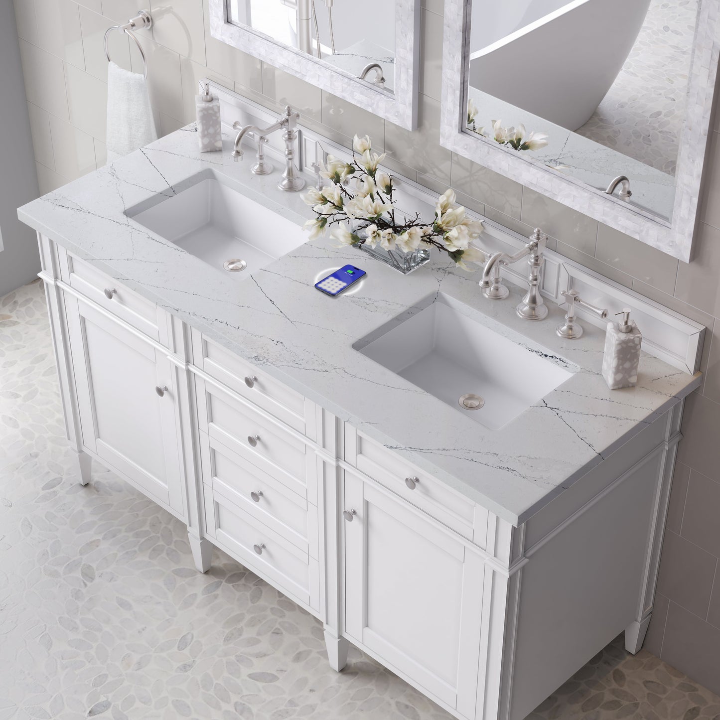 
                  
                    Brittany 60" Double Vanity in Bright White Double bathroom Vanity James Martin Vanities FreePower-Enabled Ethereal Noctis Silestone 
                  
                
