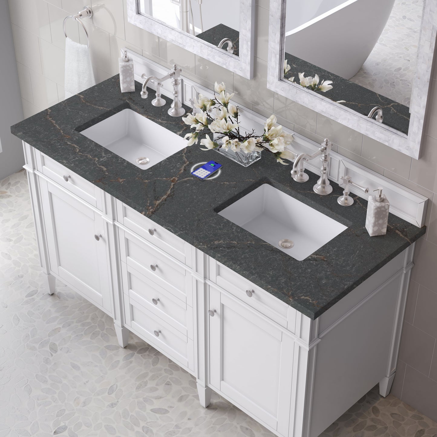 
                  
                    Brittany 60" Double Vanity in Bright White Double bathroom Vanity James Martin Vanities FreePower-Enabled Parisien Bleu Silestone 
                  
                