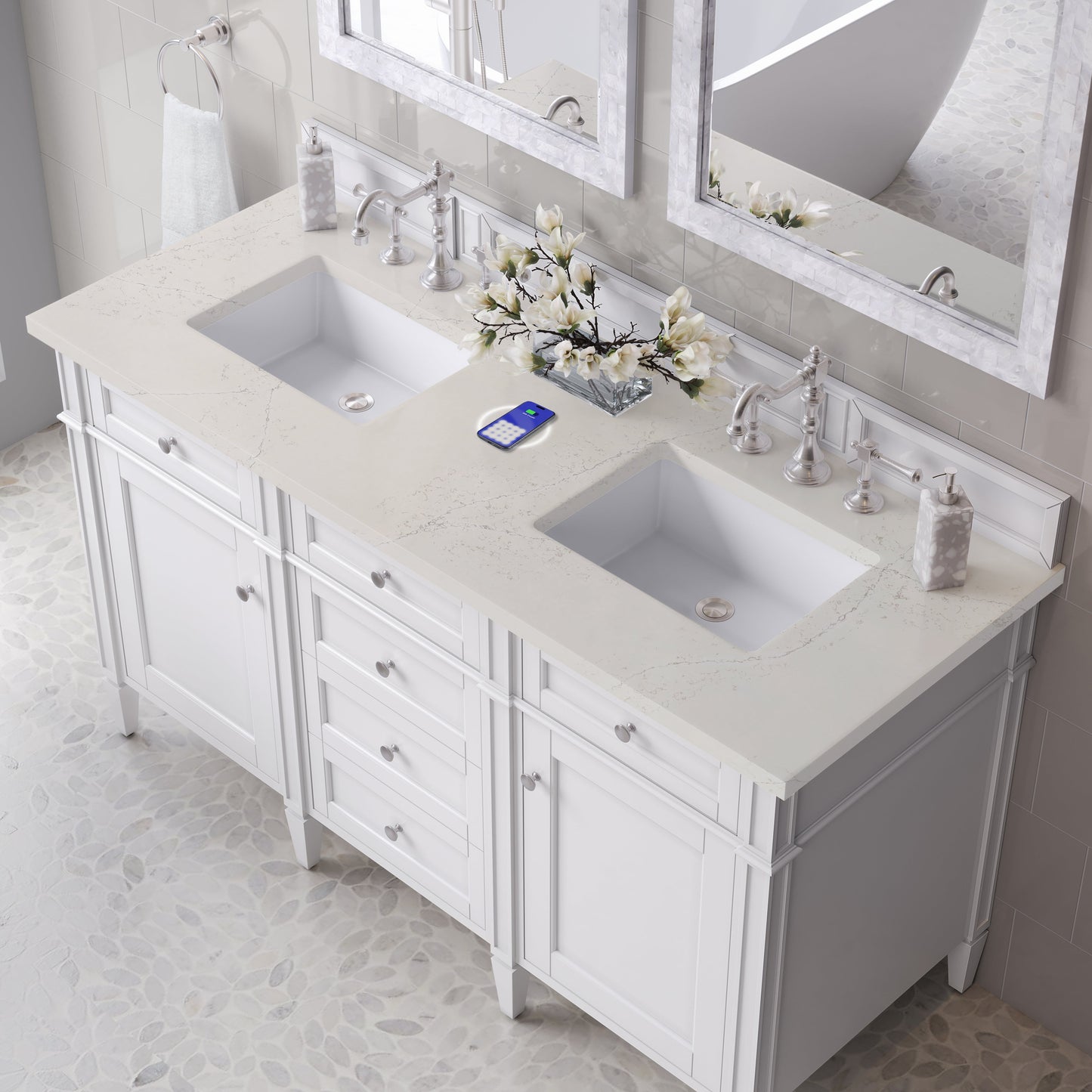 
                  
                    Brittany 60" Double Vanity in Bright White Double bathroom Vanity James Martin Vanities FreePower-Enabled Siberian Silestone 
                  
                