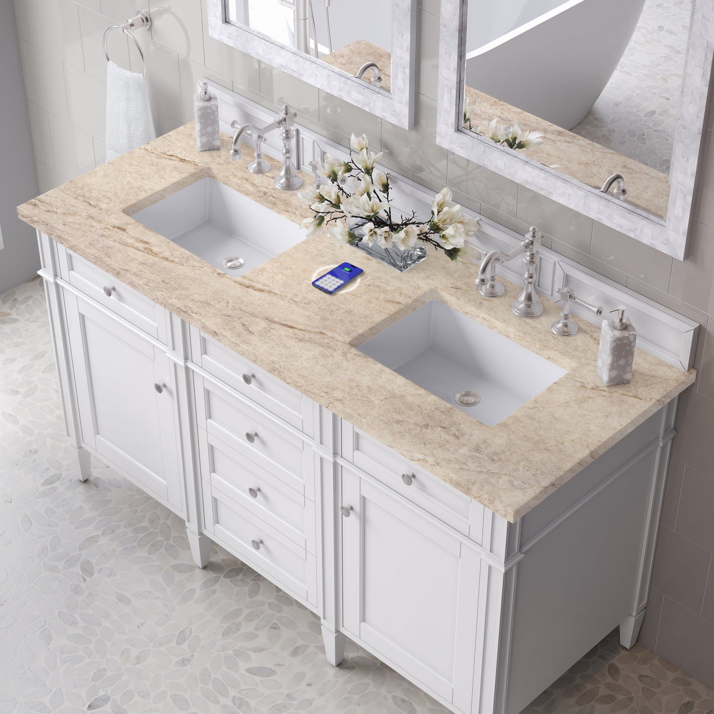 
                  
                    Brittany 60" Double Vanity in Bright White Double bathroom Vanity James Martin Vanities FreePower-Enabled Tajnar Eclos 
                  
                