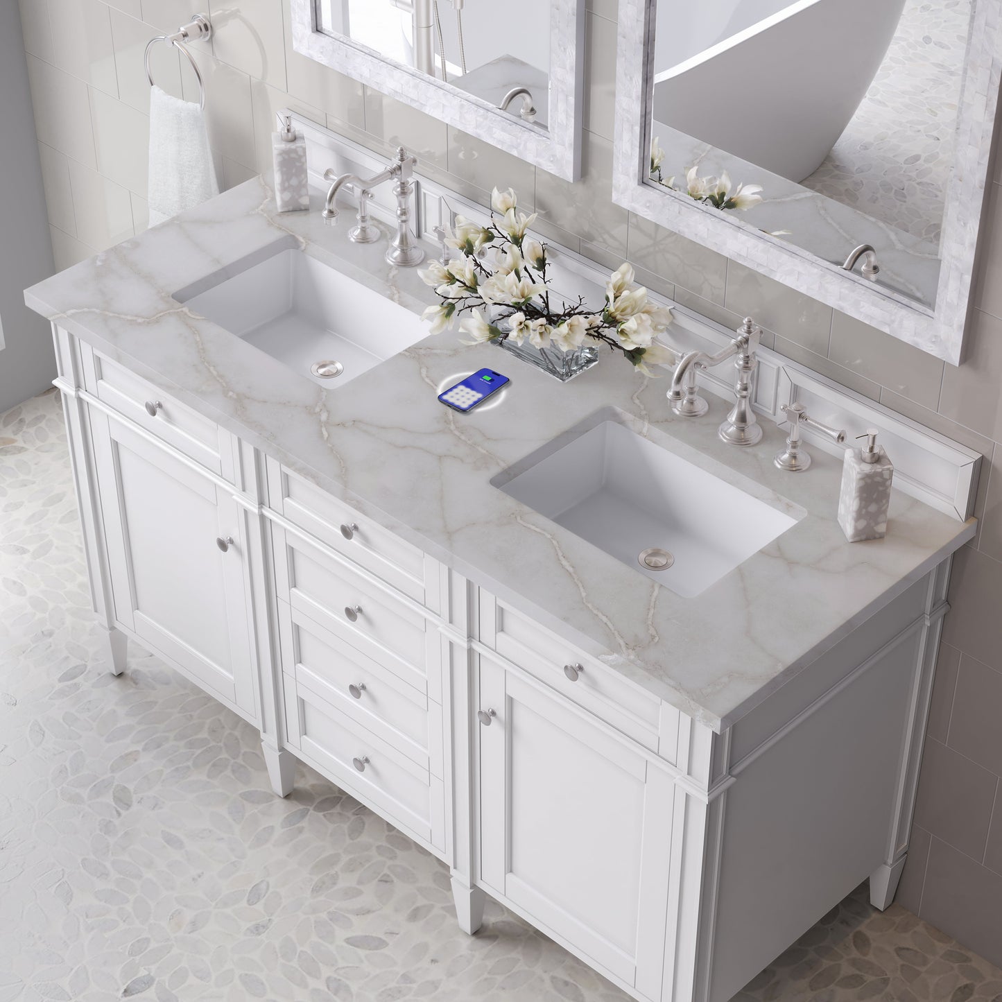 
                  
                    Brittany 60" Double Vanity in Bright White Double bathroom Vanity James Martin Vanities FreePower-Enabled Victorian Silver Silestone 
                  
                