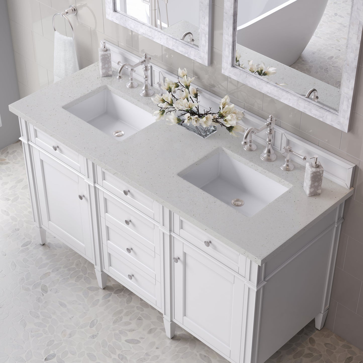 
                  
                    Brittany 60" Double Vanity in Bright White Double bathroom Vanity James Martin Vanities Lime Delight Silestone 
                  
                
