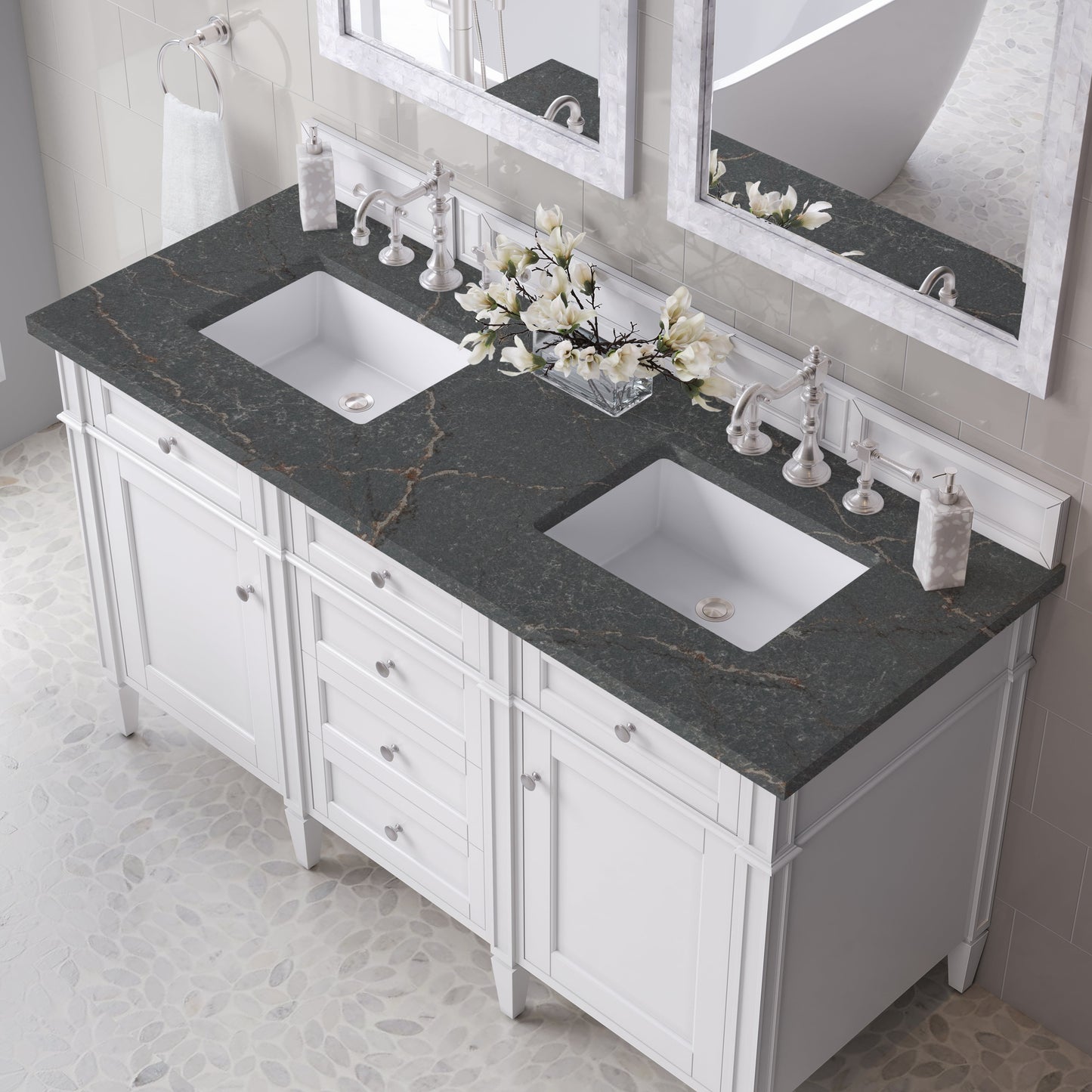 
                  
                    Brittany 60" Double Vanity in Bright White Double bathroom Vanity James Martin Vanities Parisien Bleu Silestone 
                  
                