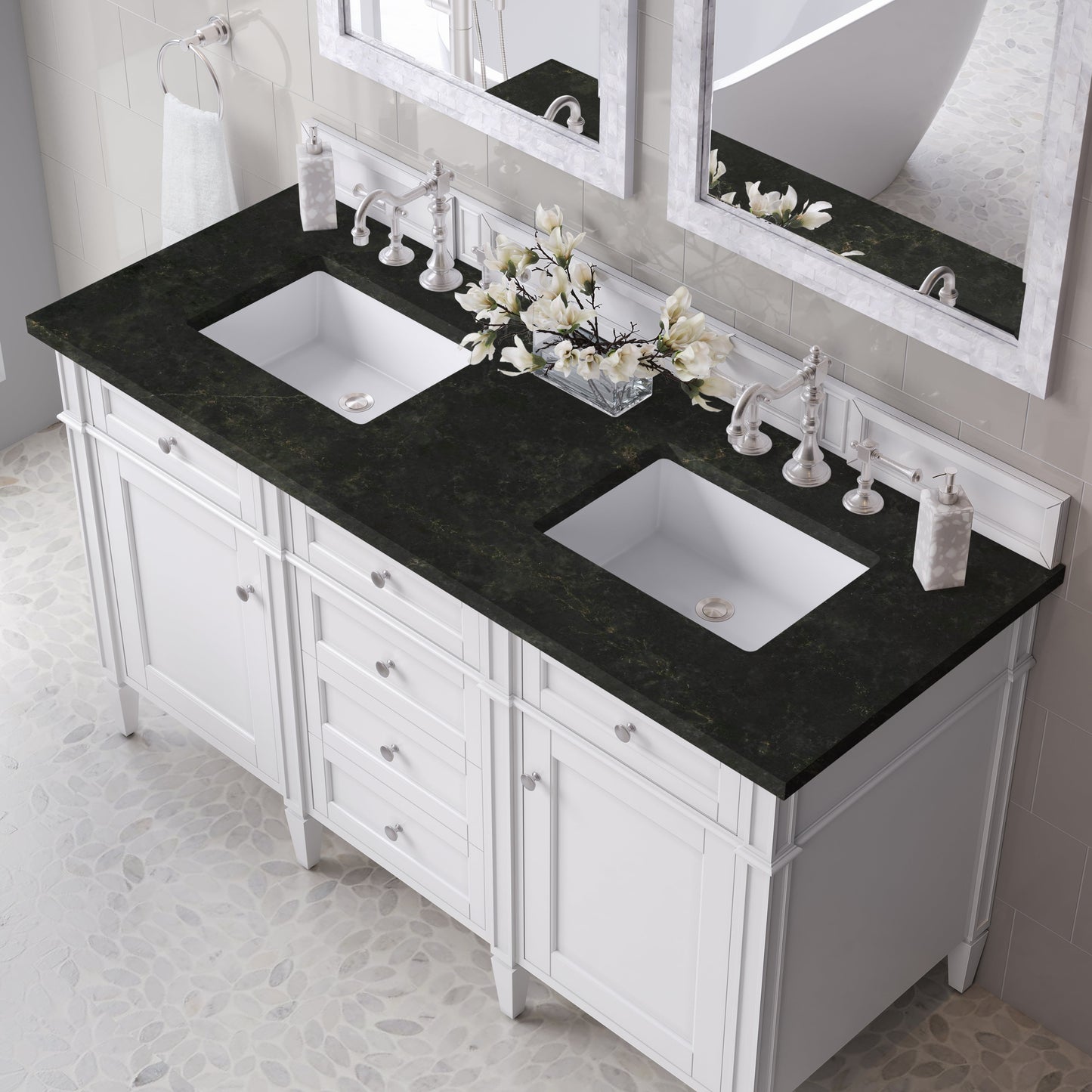 
                  
                    Brittany 60" Double Vanity in Bright White Double bathroom Vanity James Martin Vanities Phantome Eclos 
                  
                