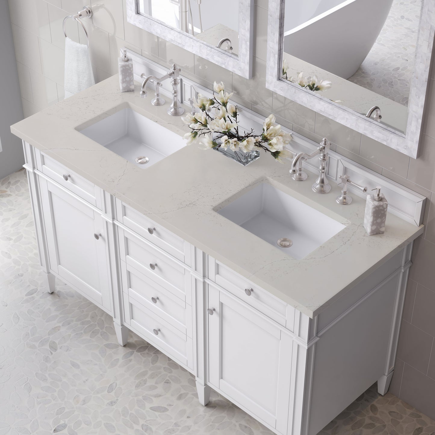 
                  
                    Brittany 60" Double Vanity in Bright White Double bathroom Vanity James Martin Vanities Siberian Silestone 
                  
                