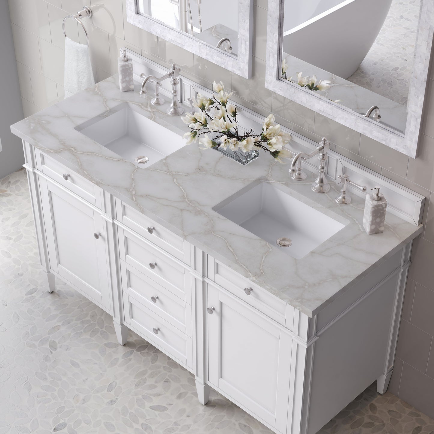 
                  
                    Brittany 60" Double Vanity in Bright White Double bathroom Vanity James Martin Vanities Victorian Silver Silestone 
                  
                