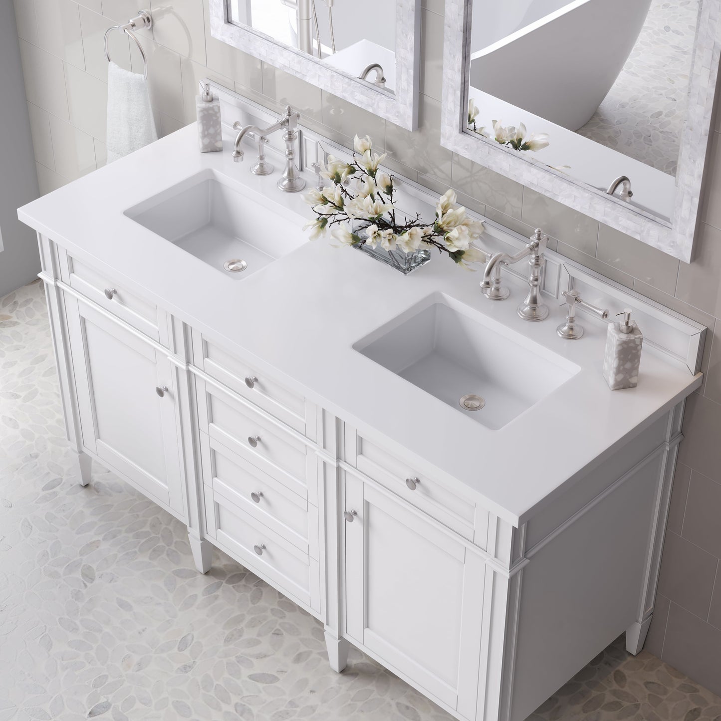 
                  
                    Brittany 60" Double Vanity in Bright White Double bathroom Vanity James Martin Vanities White Zeus Silestone 
                  
                