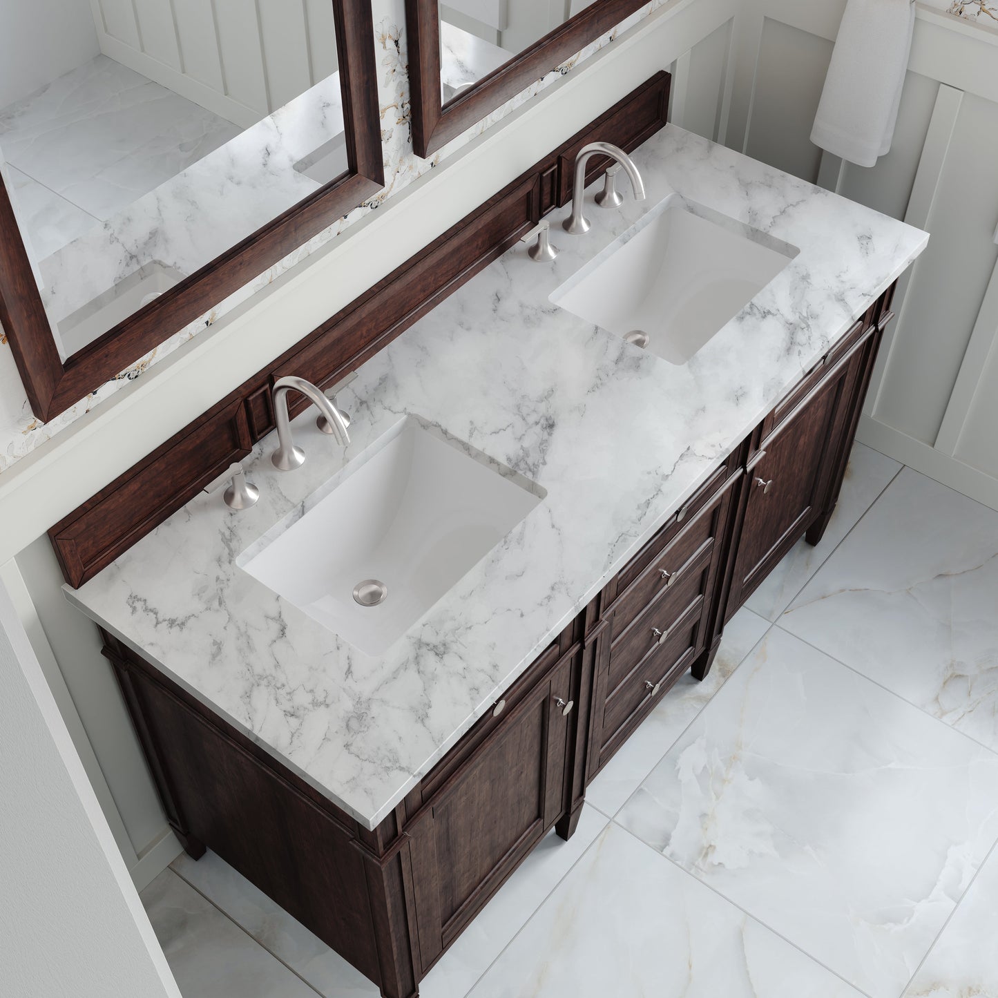
                  
                    Brittany 60" Double Vanity in Burnished Mahogany Double bathroom Vanity James Martin Vanities Carrara White Marble 
                  
                