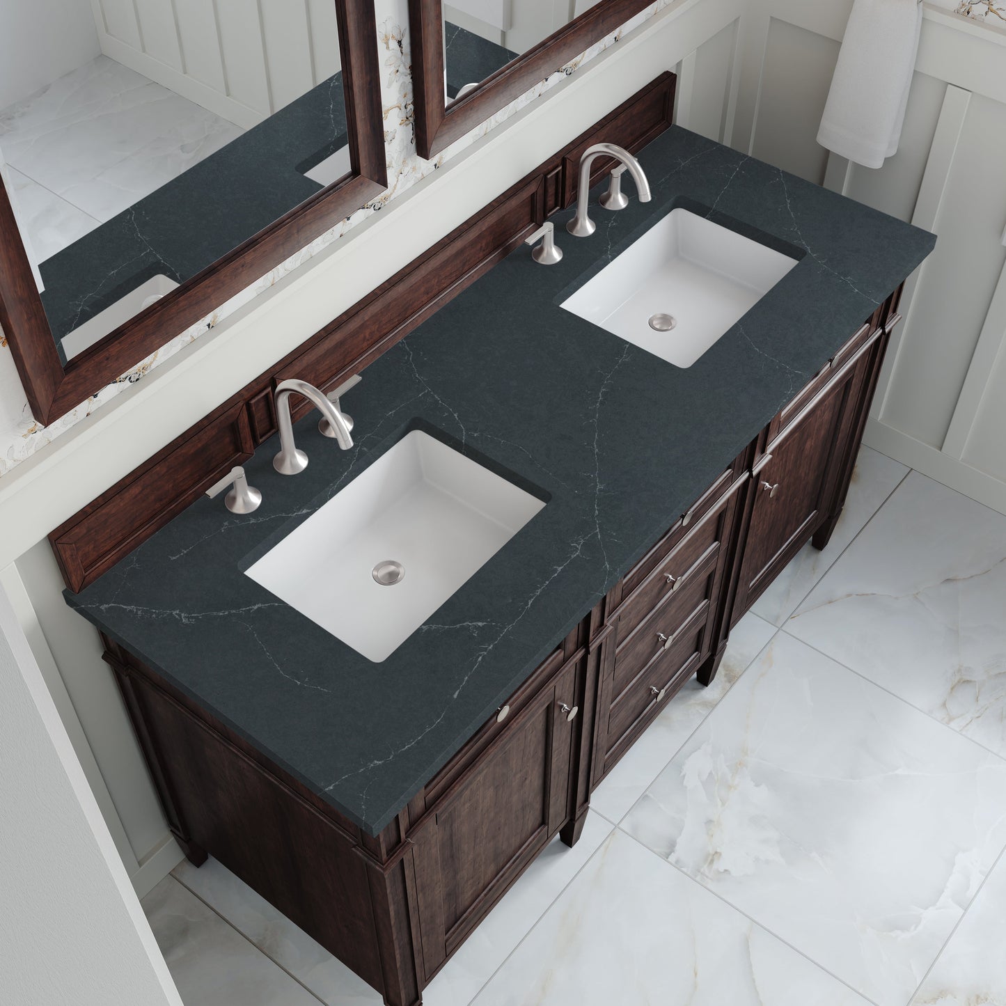 
                  
                    Brittany 60" Double Vanity in Burnished Mahogany Double bathroom Vanity James Martin Vanities Charcoal Soapstone Silestone 
                  
                