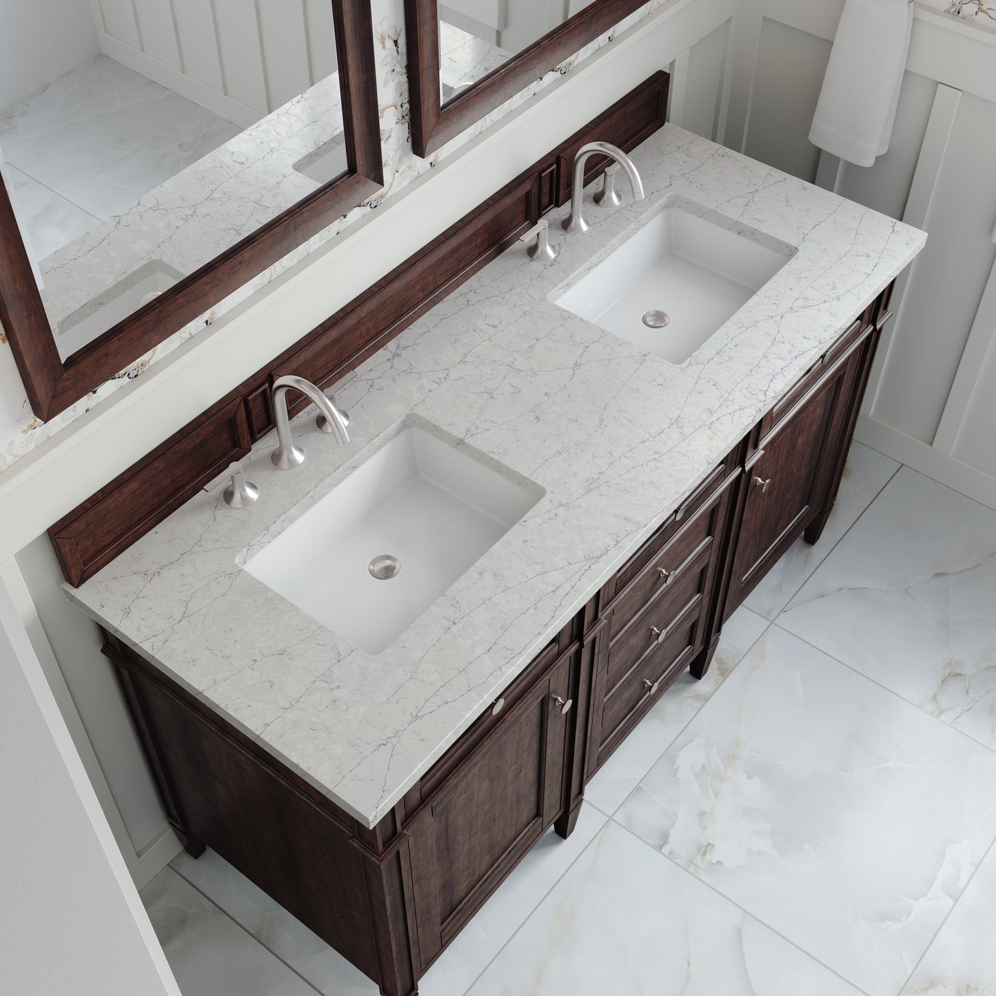 
                  
                    Brittany 60" Double Vanity in Burnished Mahogany Double bathroom Vanity James Martin Vanities Eternal Jasmine Pearl Silestone 
                  
                