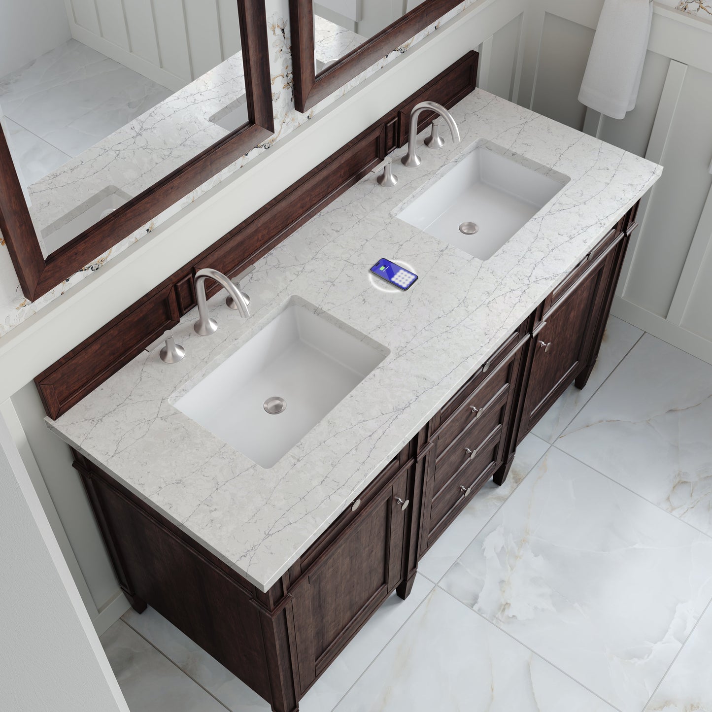 
                  
                    Brittany 60" Double Vanity in Burnished Mahogany Double bathroom Vanity James Martin Vanities FreePower-Enabled Eternal Jasmine Pearl Silestone 
                  
                