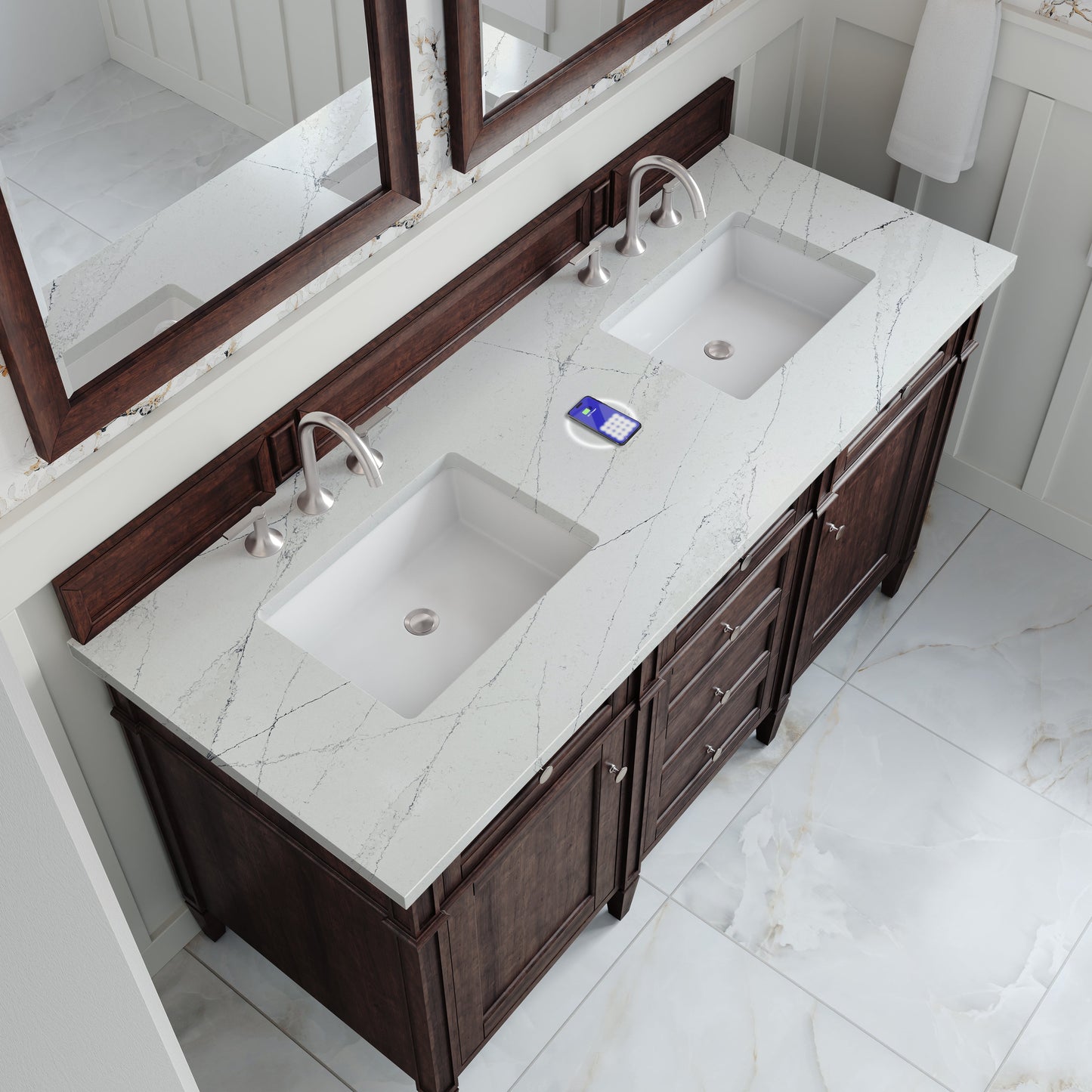 
                  
                    Brittany 60" Double Vanity in Burnished Mahogany Double bathroom Vanity James Martin Vanities FreePower-Enabled Ethereal Noctis Silestone 
                  
                