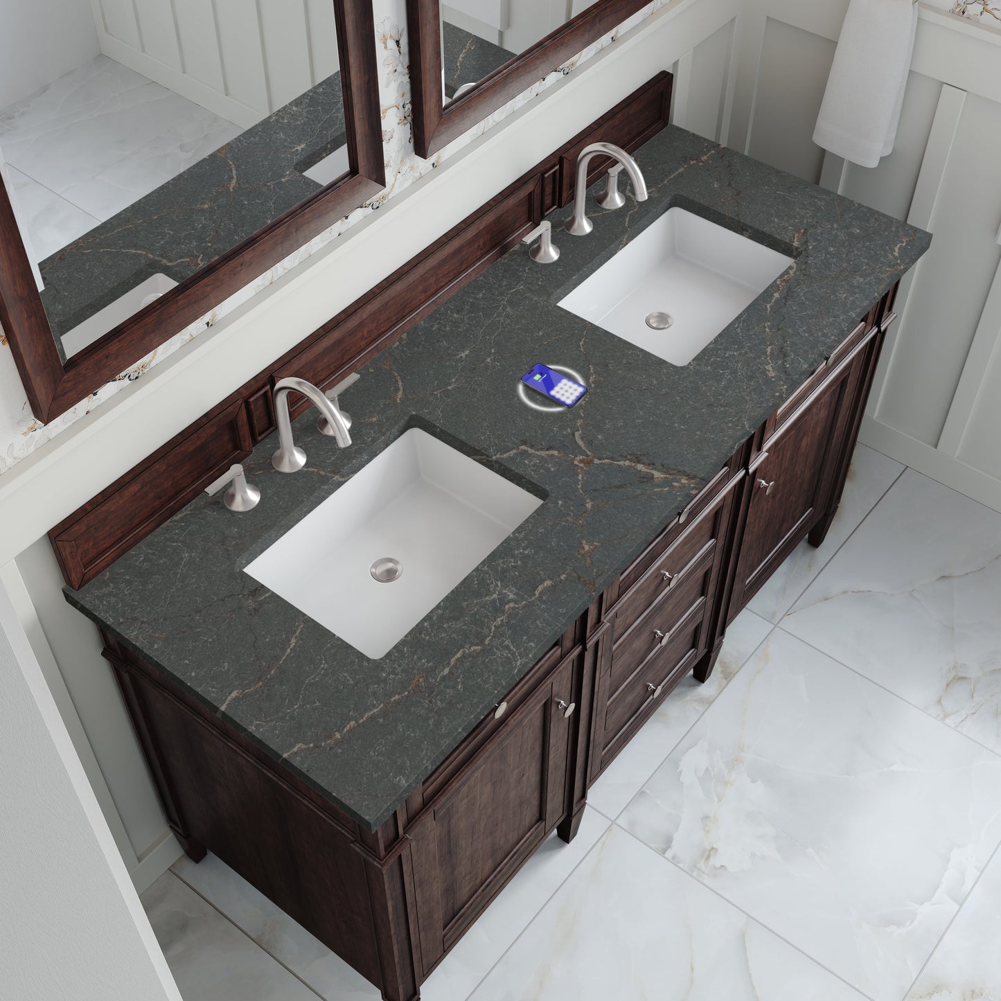 
                  
                    Brittany 60" Double Vanity in Burnished Mahogany Double bathroom Vanity James Martin Vanities FreePower-Enabled Parisien Bleu Silestone 
                  
                