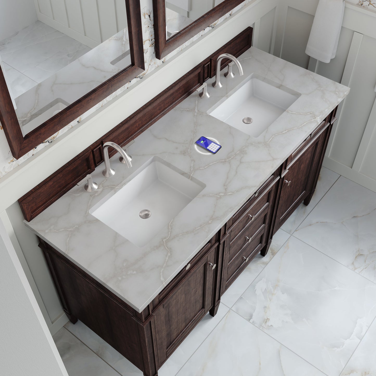 
                  
                    Brittany 60" Double Vanity in Burnished Mahogany Double bathroom Vanity James Martin Vanities FreePower-Enabled Victorian Silver Silestone 
                  
                