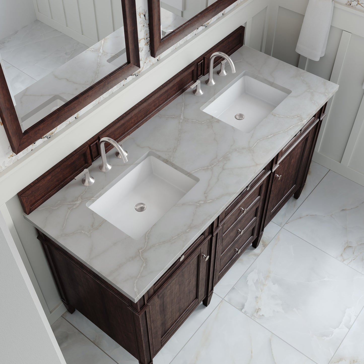 
                  
                    Brittany 60" Double Vanity in Burnished Mahogany Double bathroom Vanity James Martin Vanities Victorian Silver Silestone 
                  
                
