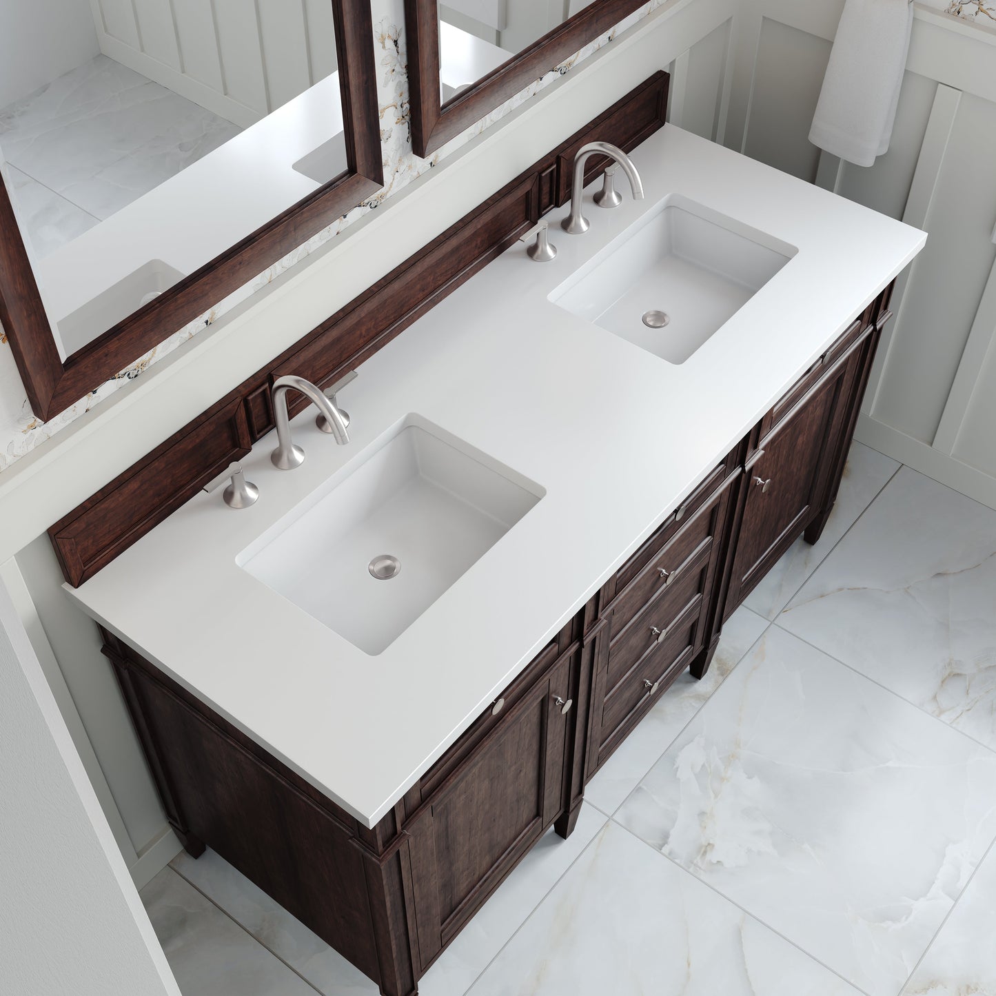 
                  
                    Brittany 60" Double Vanity in Burnished Mahogany Double bathroom Vanity James Martin Vanities White Zeus Silestone 
                  
                