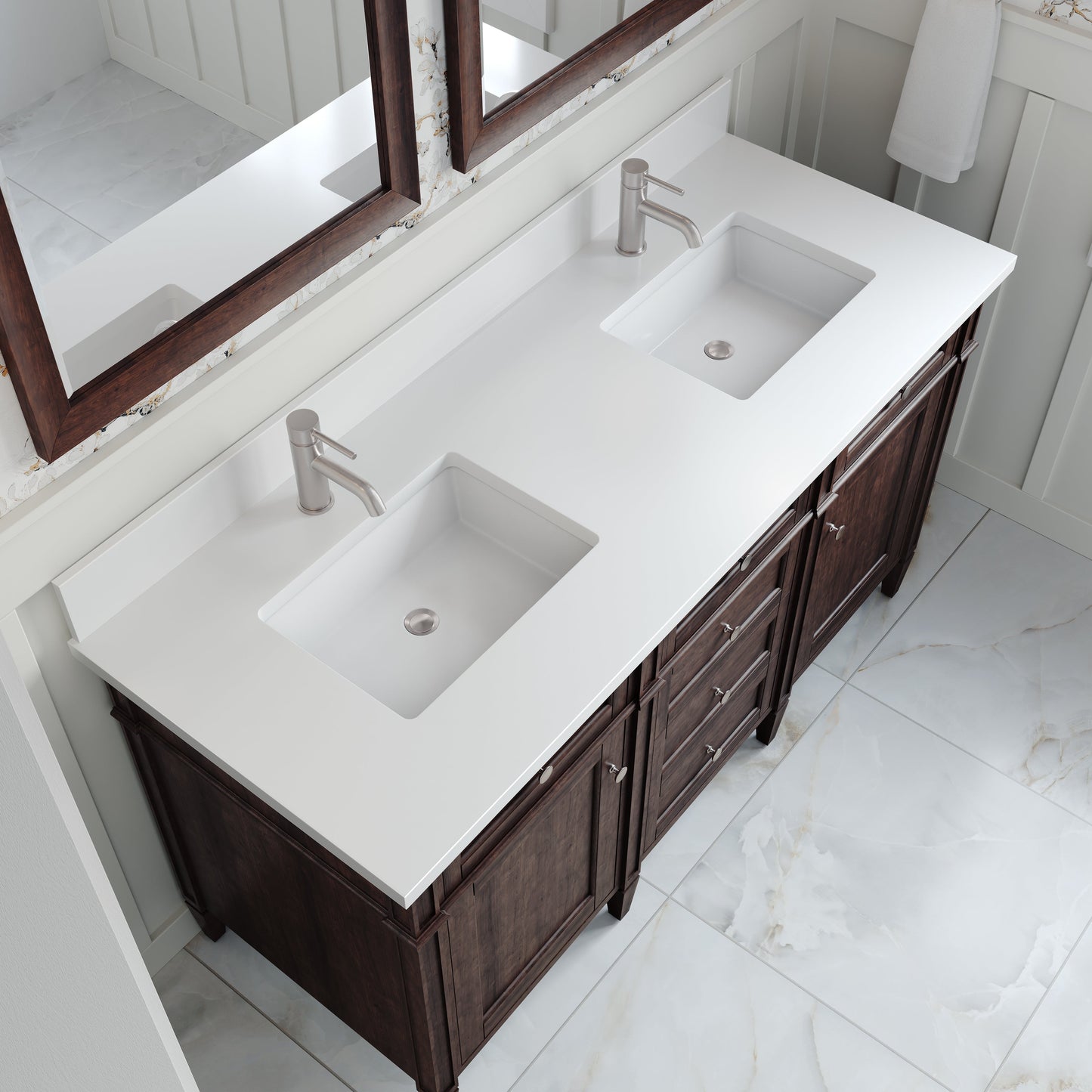 
                  
                    Brittany 60" Double Vanity in Burnished Mahogany Double bathroom Vanity James Martin Vanities White Zeus Single Faucet Silestone Top w/Backsplash 
                  
                