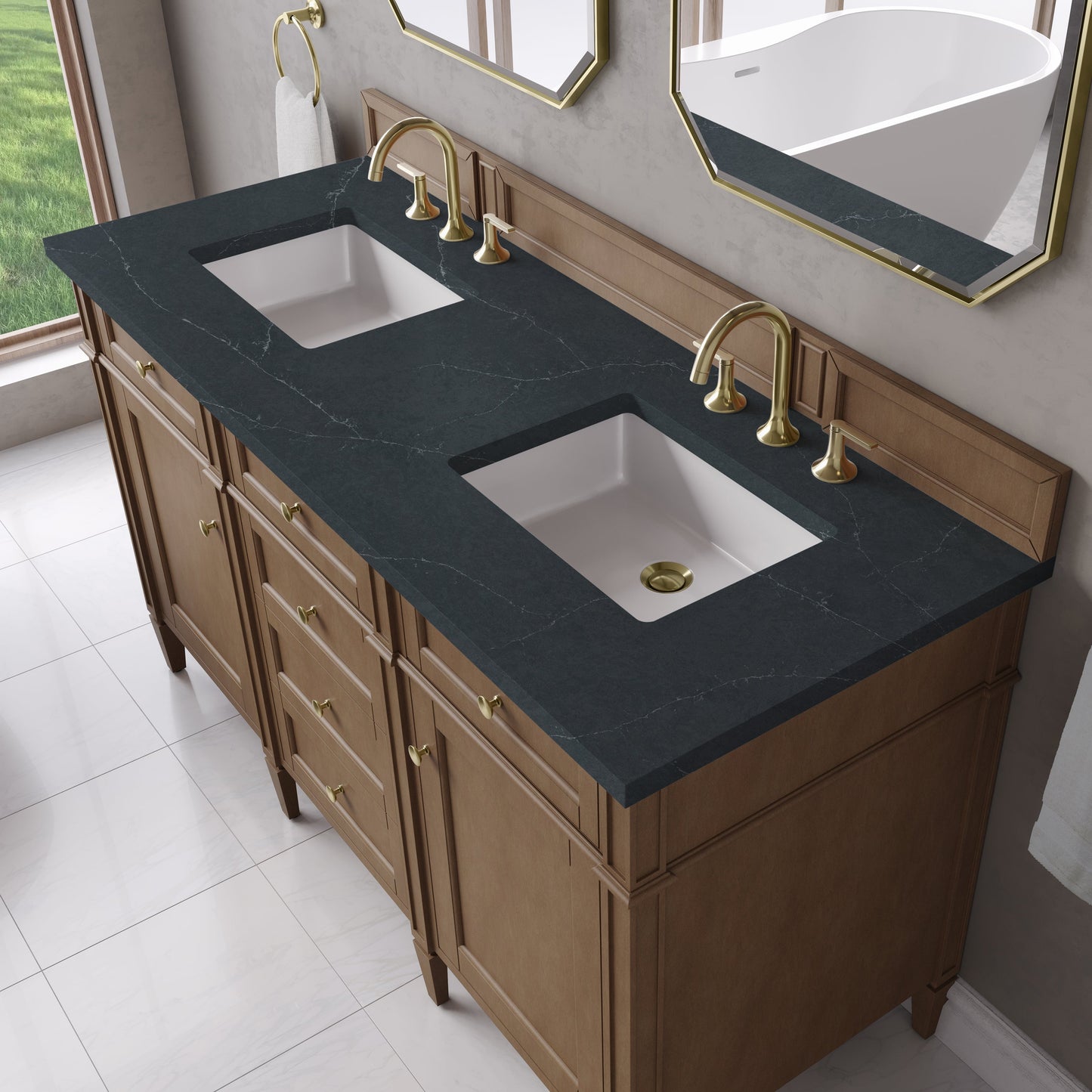 
                  
                    Brittany 60" Double Vanity in Pecan Double bathroom Vanity James Martin Vanities Charcoal Soapstone Silestone 
                  
                