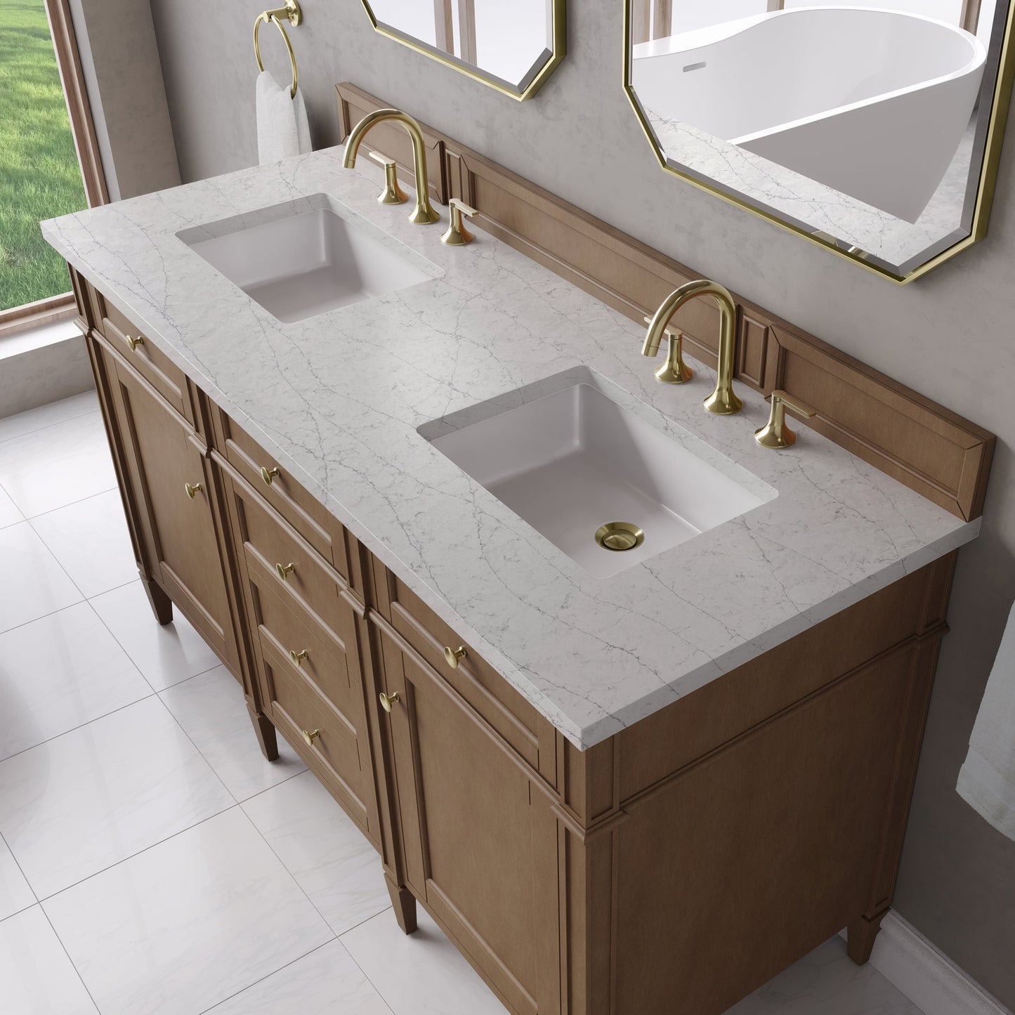 
                  
                    Brittany 60" Double Vanity in Pecan Double bathroom Vanity James Martin Vanities Eternal Jasmine Pearl Silestone 
                  
                
