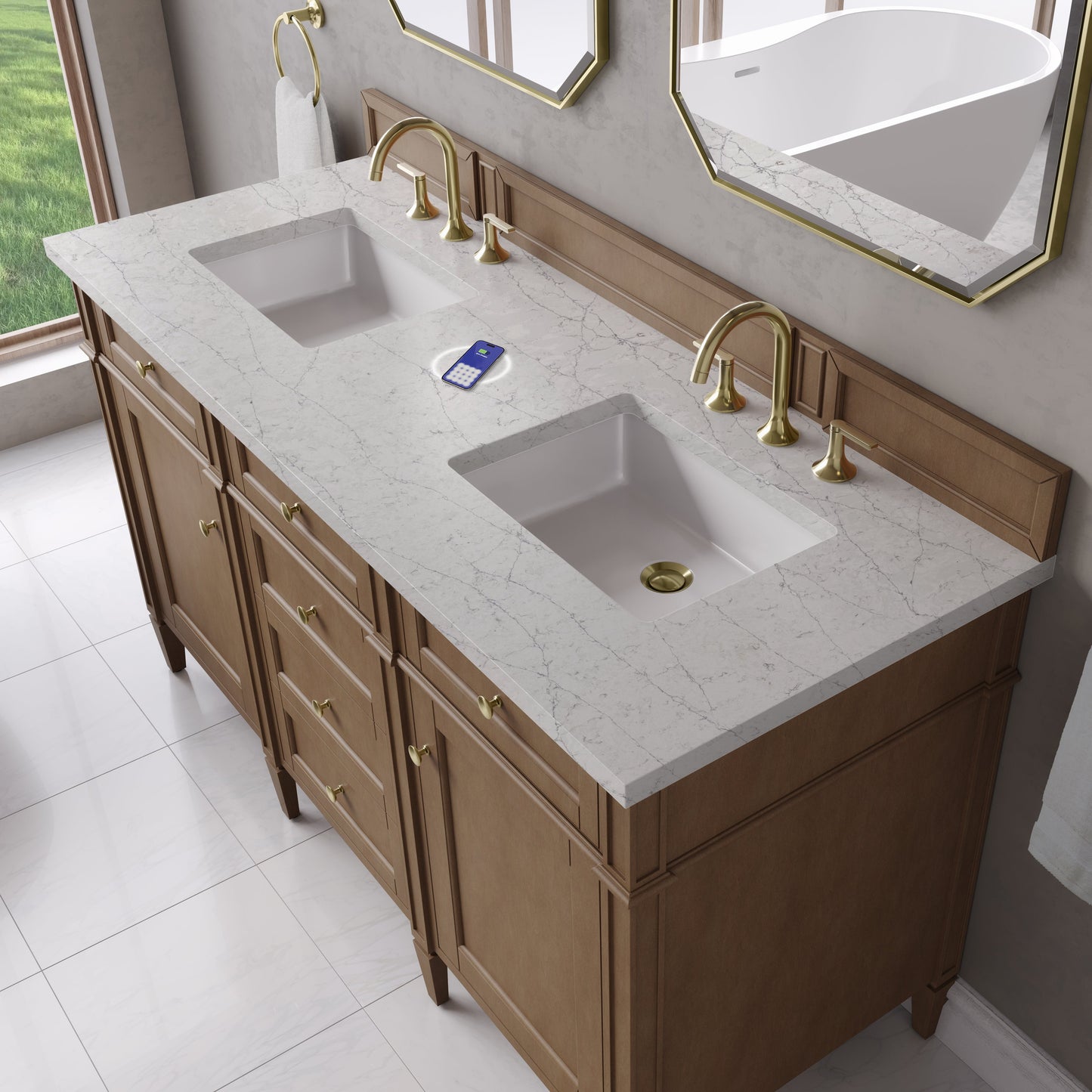 
                  
                    Brittany 60" Double Vanity in Pecan Double bathroom Vanity James Martin Vanities FreePower-Enabled Eternal Jasmine Pearl Silestone 
                  
                