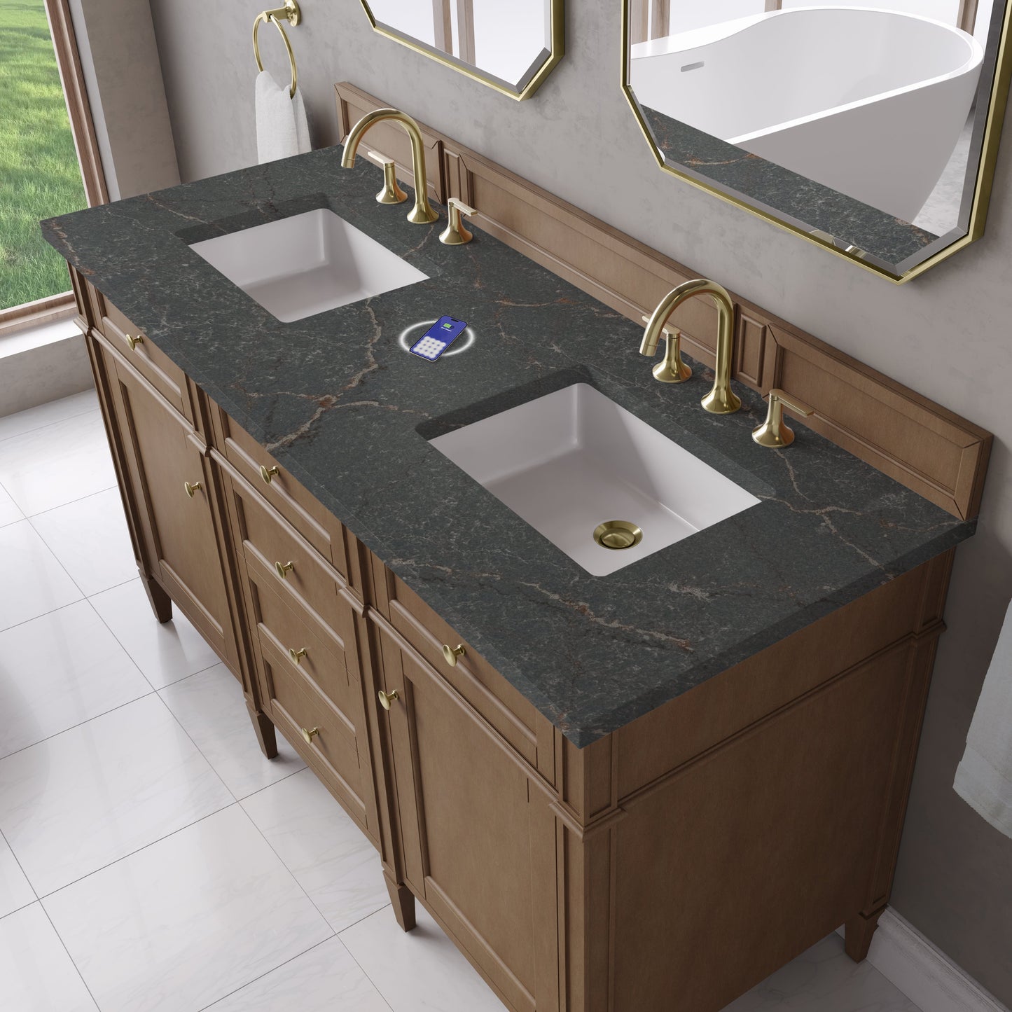 
                  
                    Brittany 60" Double Vanity in Pecan Double bathroom Vanity James Martin Vanities FreePower-Enabled Parisien Bleu Silestone 
                  
                