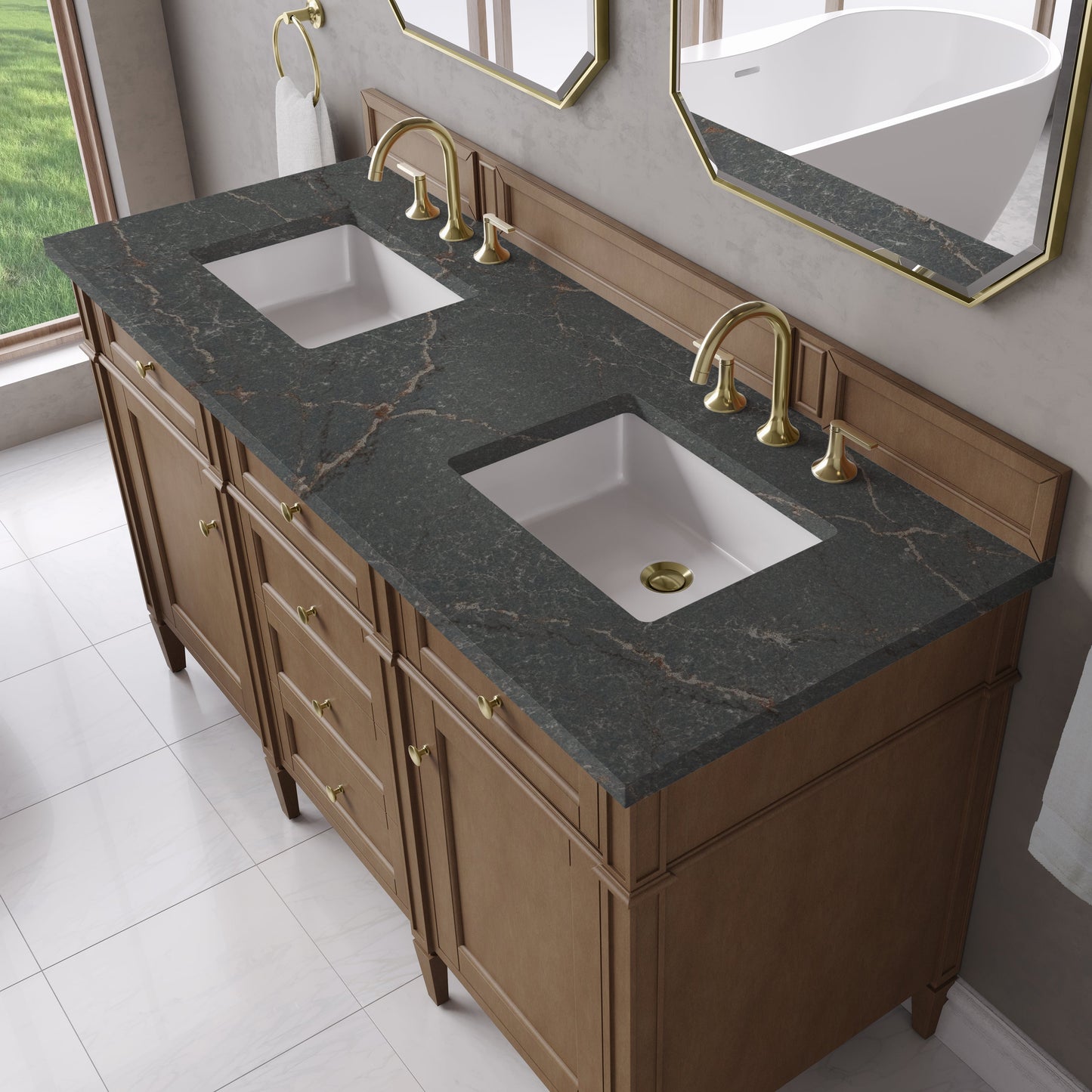 
                  
                    Brittany 60" Double Vanity in Pecan Double bathroom Vanity James Martin Vanities Parisien Bleu Silestone 
                  
                