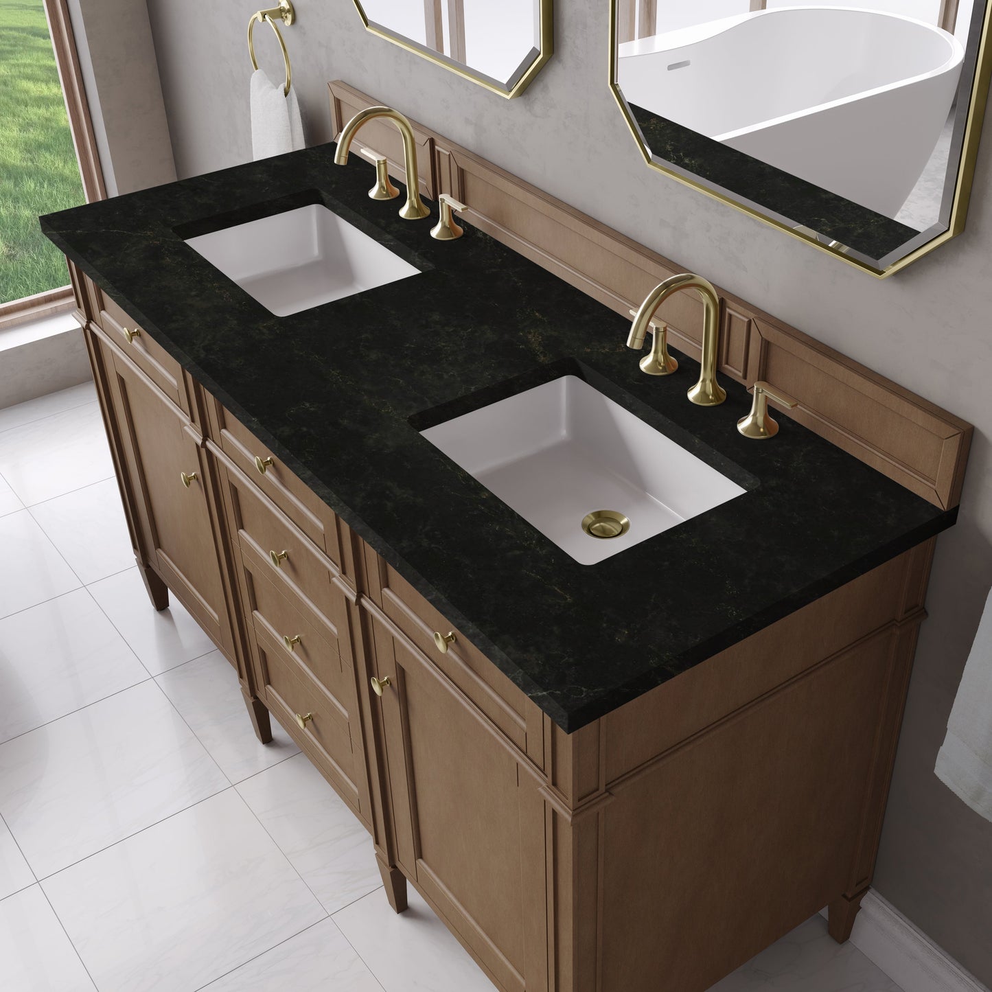 
                  
                    Brittany 60" Double Vanity in Pecan Double bathroom Vanity James Martin Vanities Phantome Eclos 
                  
                