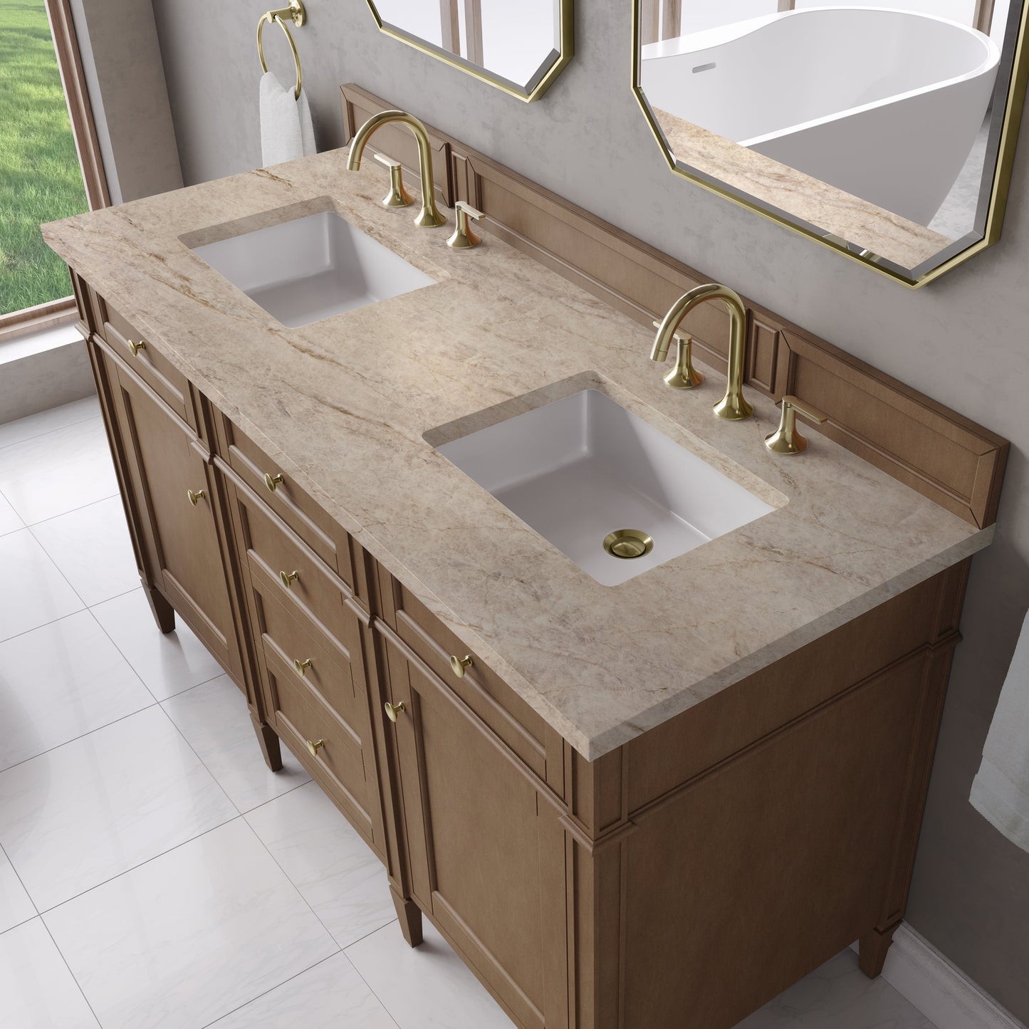 
                  
                    Brittany 60" Double Vanity in Pecan Double bathroom Vanity James Martin Vanities Tajnar Eclos 
                  
                