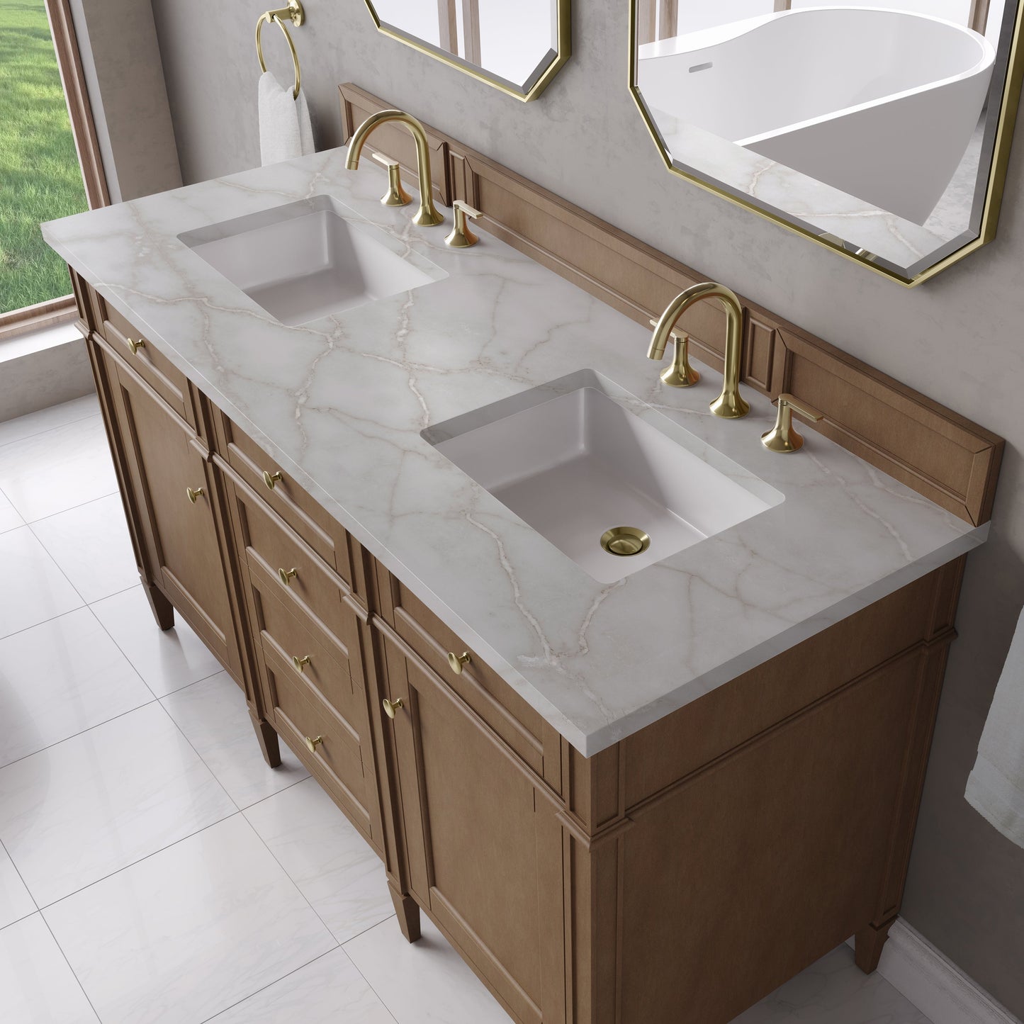 
                  
                    Brittany 60" Double Vanity in Pecan Double bathroom Vanity James Martin Vanities Victorian Silver Silestone 
                  
                