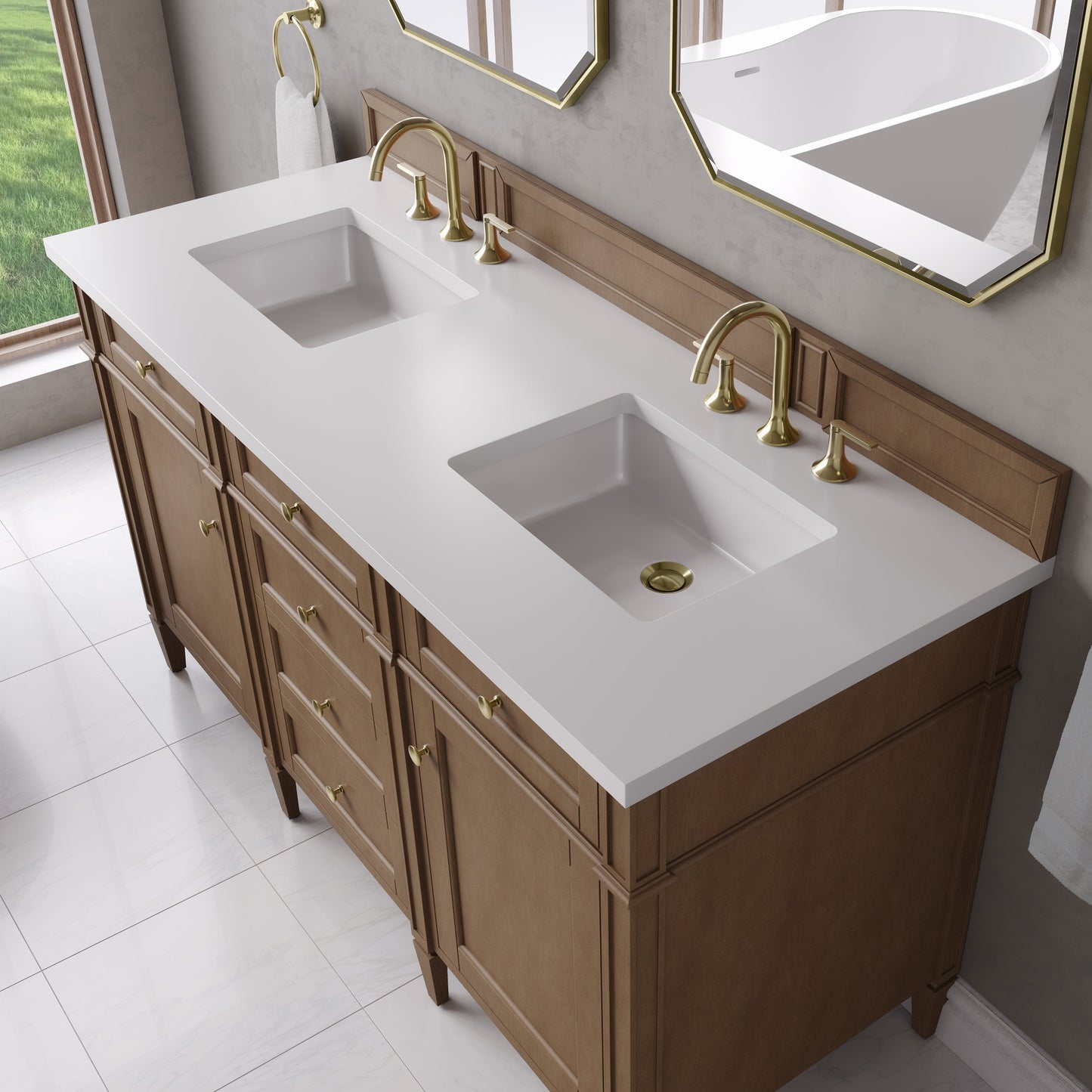 
                  
                    Brittany 60" Double Vanity in Pecan Double bathroom Vanity James Martin Vanities White Zeus Silestone 
                  
                