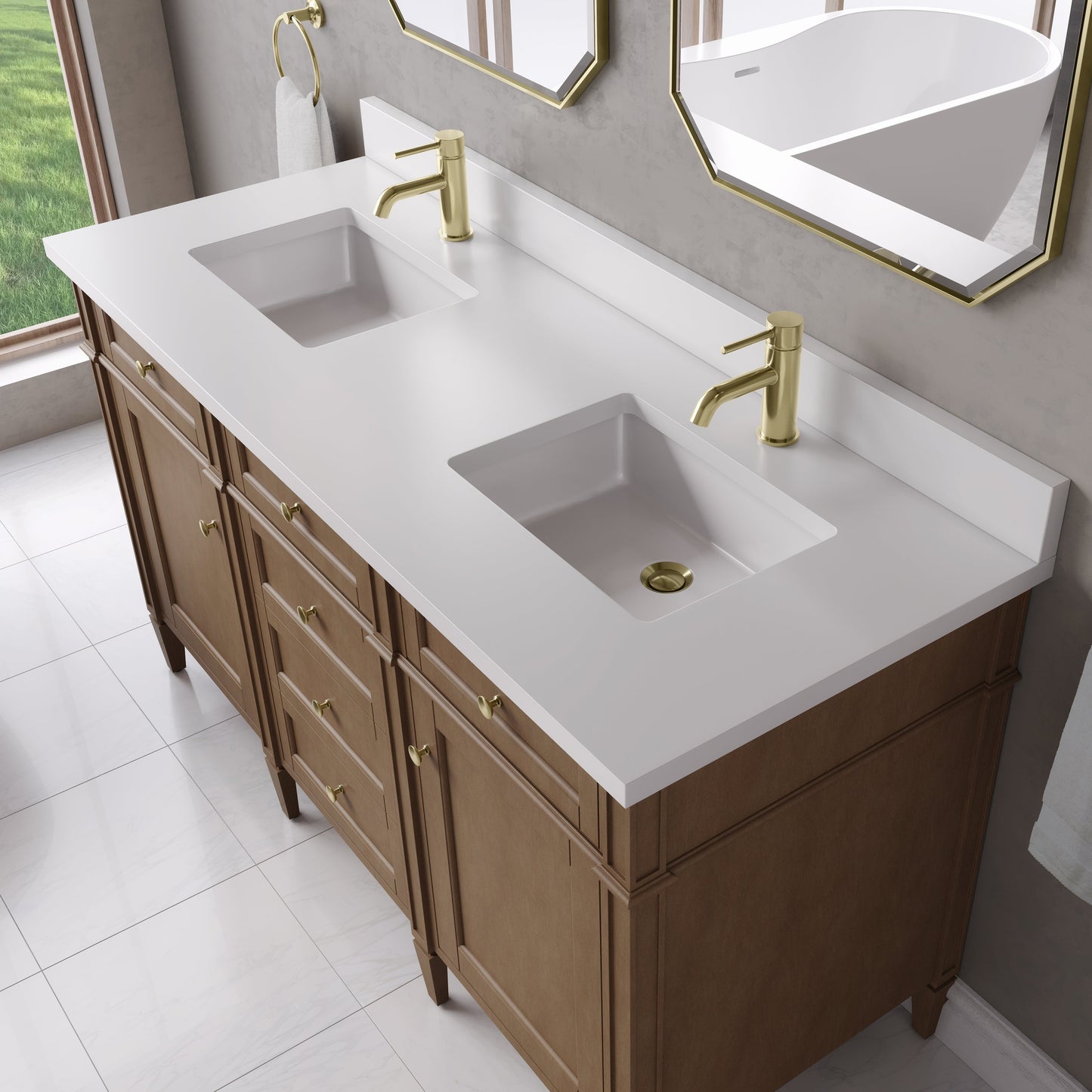 
                  
                    Brittany 60" Double Vanity in Pecan Double bathroom Vanity James Martin Vanities White Zeus Single Faucet Silestone Top w/Backsplash 
                  
                