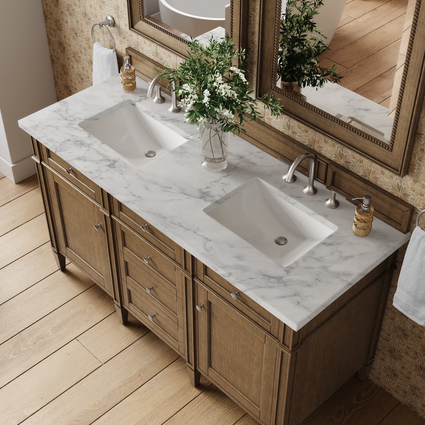
                  
                    Brittany 60" Double Vanity in Saddle Brown Double Bathroom Vanity James Martin Vanities Carrara White Marble 
                  
                