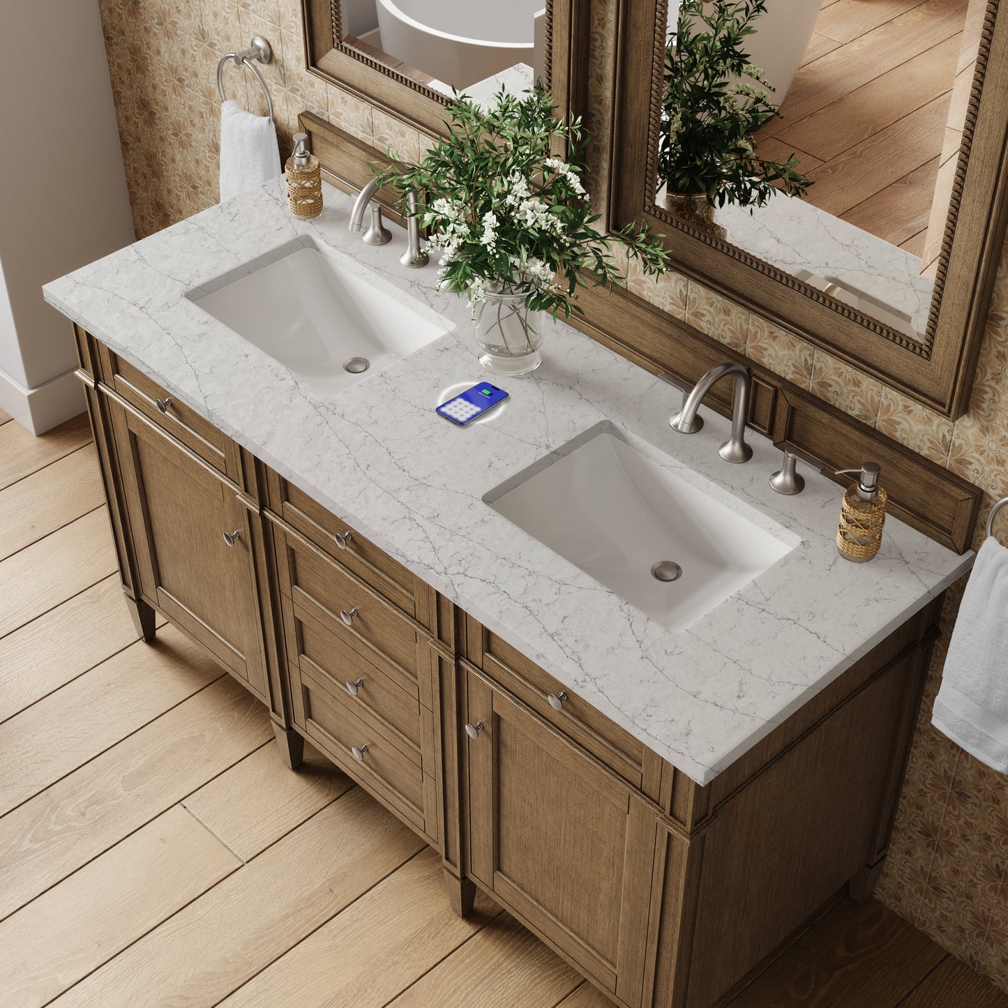
                  
                    Brittany 60" Double Vanity in Saddle Brown Double Bathroom Vanity James Martin Vanities FreePower-Enabled Eternal Jasmine Pearl Silestone 
                  
                