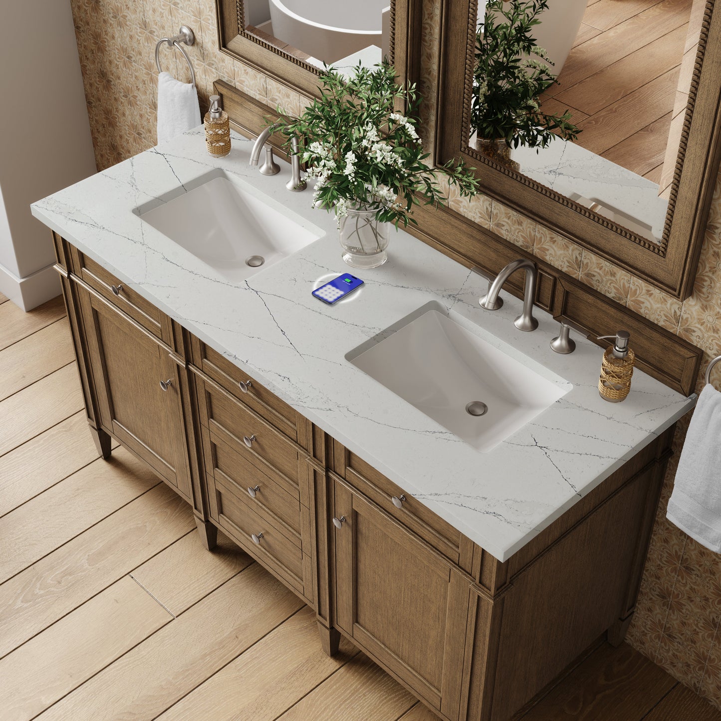 
                  
                    Brittany 60" Double Vanity in Saddle Brown Double Bathroom Vanity James Martin Vanities FreePower-Enabled Ethereal Noctis Silestone 
                  
                