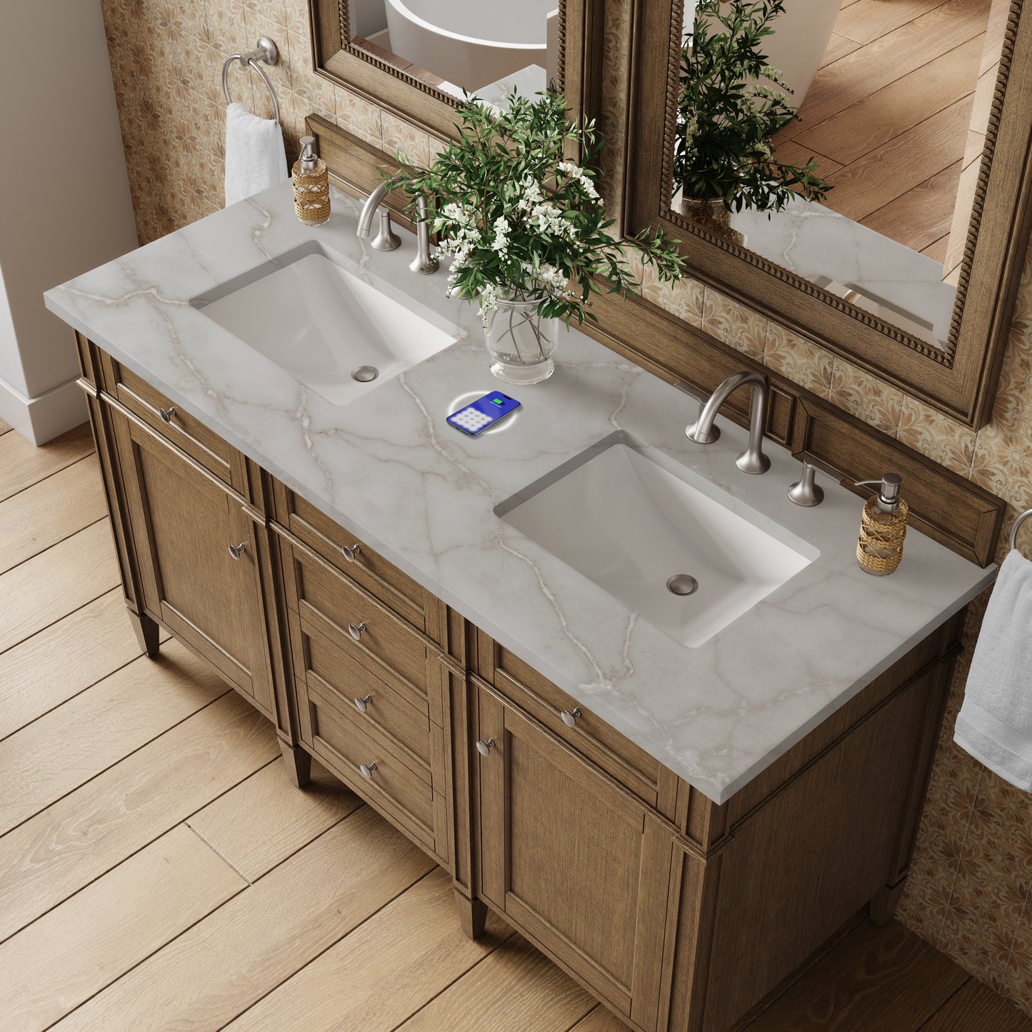 
                  
                    Brittany 60" Double Vanity in Saddle Brown Double Bathroom Vanity James Martin Vanities FreePower-Enabled Victorian Silver Silestone 
                  
                